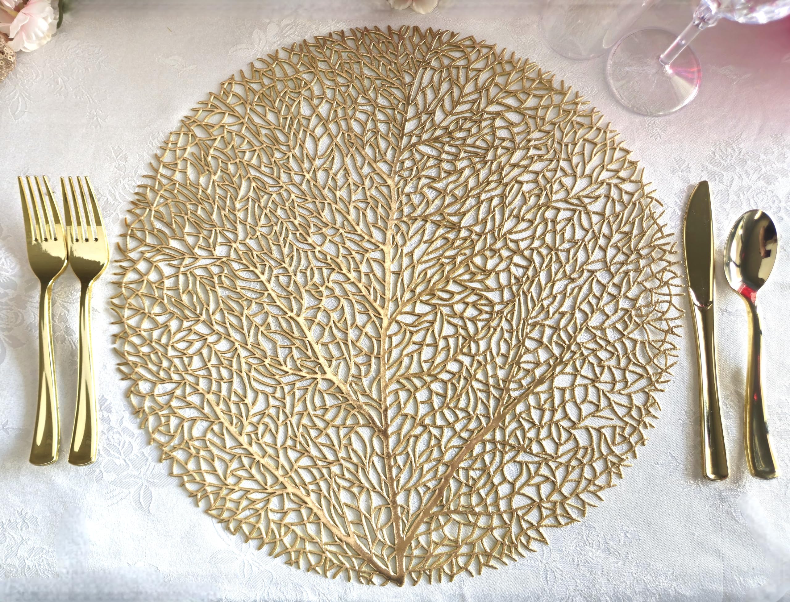 120-Piece Pressed Vinyl Metallic Placemats Set - Elegant Wedding Table Decor & Centerpiece Accent (Eden, Matte Gold) | Perfect for Bridal Showers, Anniversary Dinners & Formal Dining Events