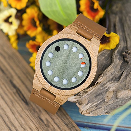 BOBO BIRD Men's Bamboo Wooden Watch - Black Genuine Leather Strap with 12 Holes, Minimalist Wood Grain Design for Casual & Sports Wear - Perfect for Outdoor Activities, Office & Everyday Use