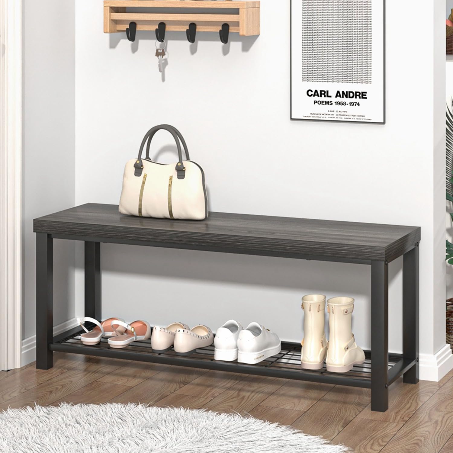 FOLUBAN 43 Inch Industrial Shoe Storage Bench - Rustic Entryway Hallway Organizer with Seat, Modern Shoe Rack for Living Room Bedroom (Dark Gray) - Perfect for Small Spaces & Mudroom Organization
