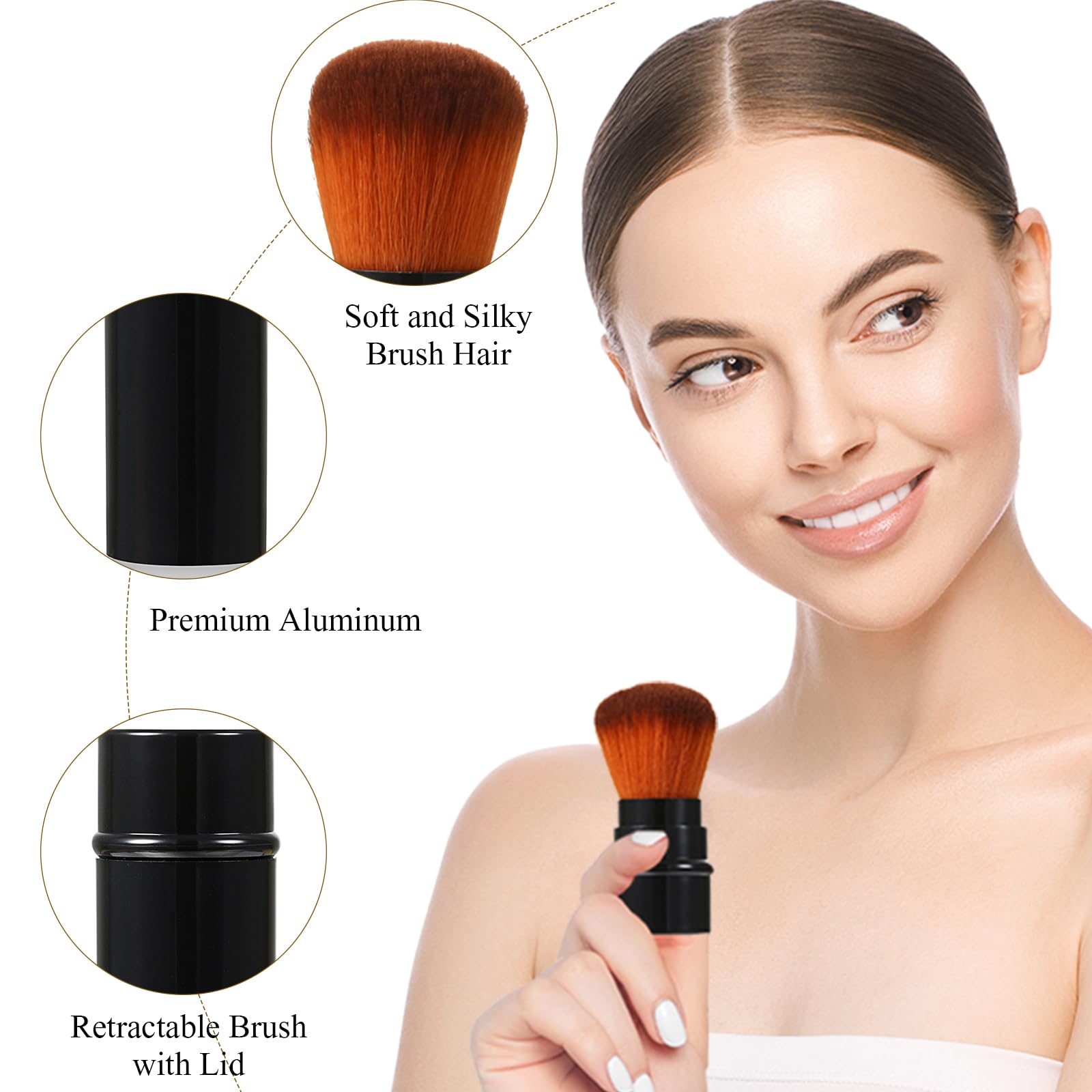 3-Color Retractable Makeup Brush Set - Travel Kabuki & Blush Brushes for Foundation & Powder (Red/Black/Brown) - Perfect for On-the-Go Touchups