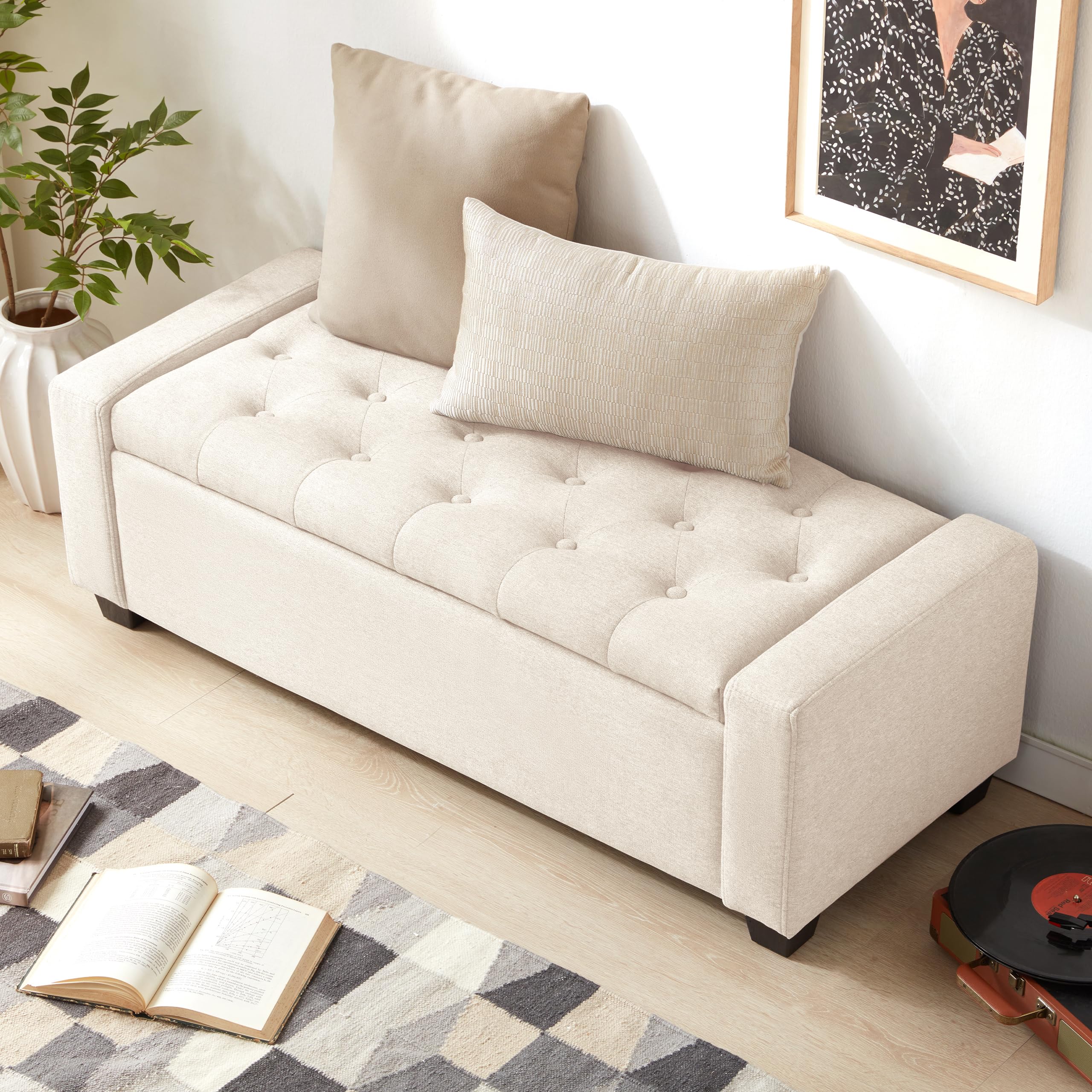 Upholstered Storage Ottoman Bench with Safety Hinge - 330 lb Capacity, Beige - Multi-Functional Seating & Storage Solution for Bedroom, Living Room, Entryway & Dorm