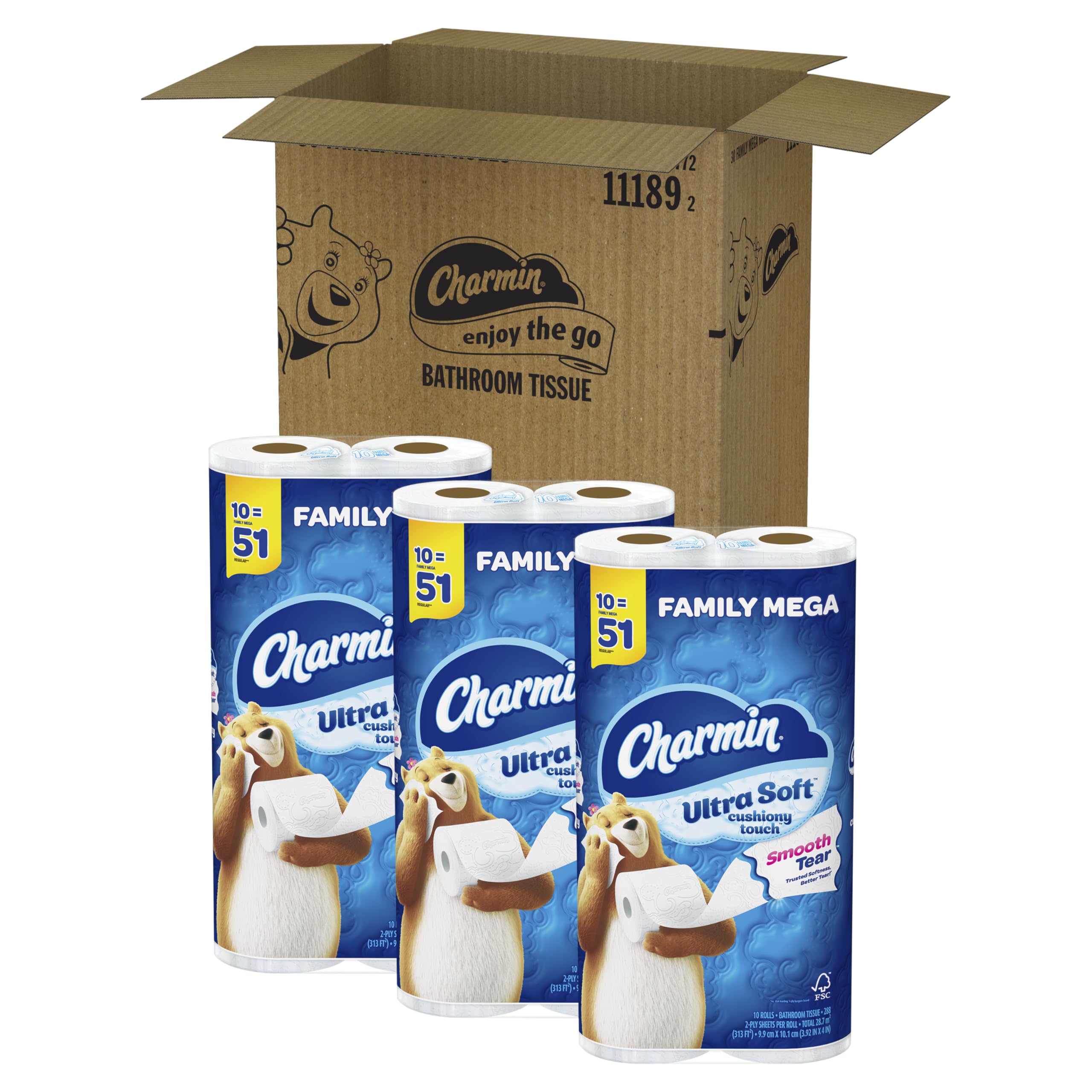 Charmin Ultra Soft Cushiony Touch Toilet Paper - 30 Family Mega Rolls (Equivalent to 153 Regular Rolls) | Premium Bathroom Tissue for Home & Office Use | Gentle & Strong for Everyday Comfort