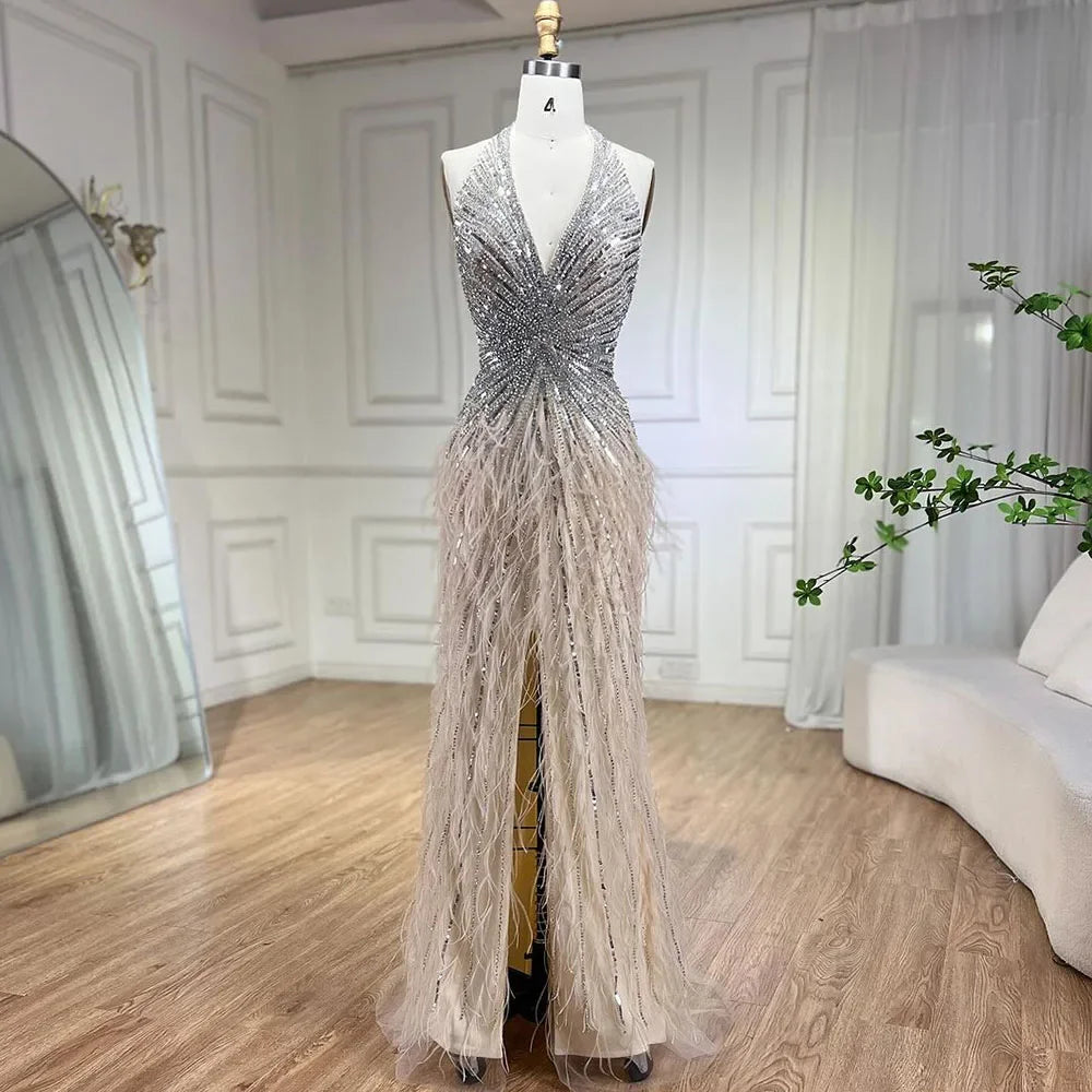 Serene Hill Luxury Beaded Feather Beige High Slit Mermaid Evening Dress for Women - Backless Formal Gown for Prom, Wedding, Red Carpet & Special Occasions