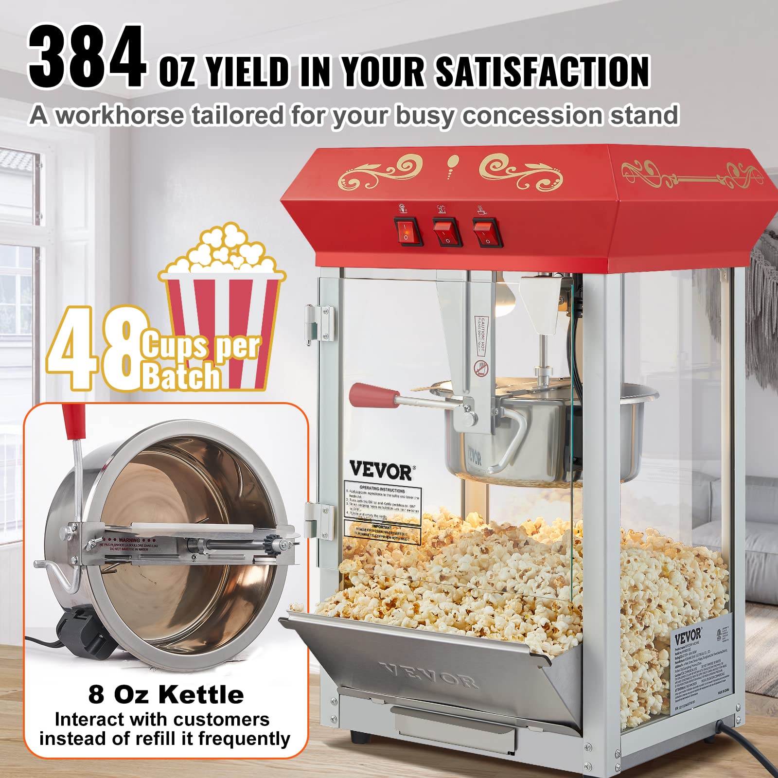 VEVOR 8 Oz Commercial Popcorn Machine - 850W Countertop Popcorn Popper Makes 48 Cups per Batch, Theater Style with 3-Switch Control, Steel Frame & Tempered Glass - Perfect for Movie Nights, Parties, and Concessions (Includes 2 Scoops & 2 Spoons, Red)