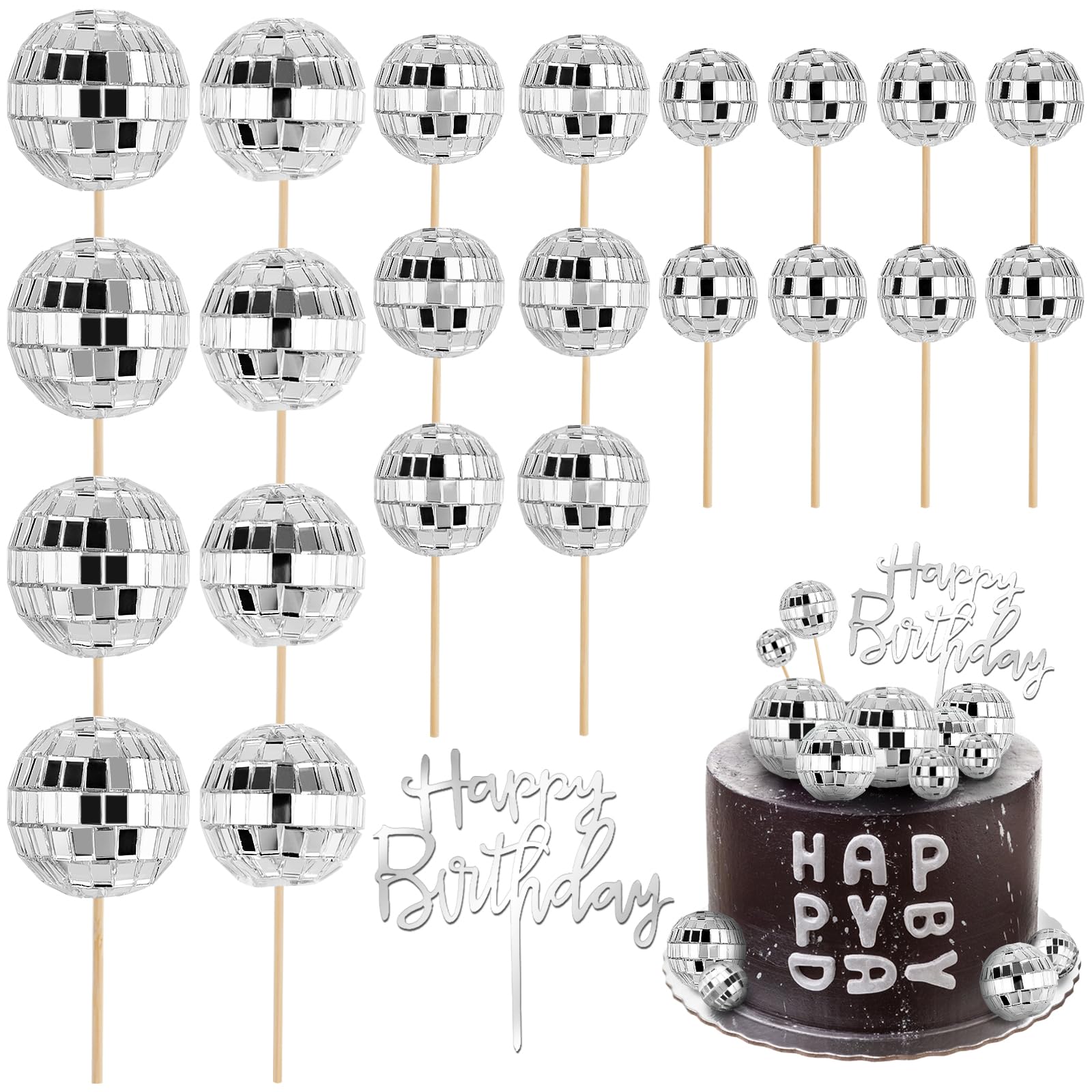 23 Pcs Disco Ball Cake Toppers & Cupcake Picks - 1970s Disco Theme Birthday Party Decorations - Perfect for Birthday Cakes, Cupcakes, and Retro Themed Parties
