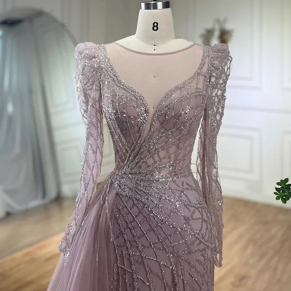 Luxury Muslim Gold Mermaid Evening Dress with Beaded Details & Overskirt - Dubai Style Formal Gown for Women 2025 (LA72206) | Perfect for Weddings, Galas & Special Occasions