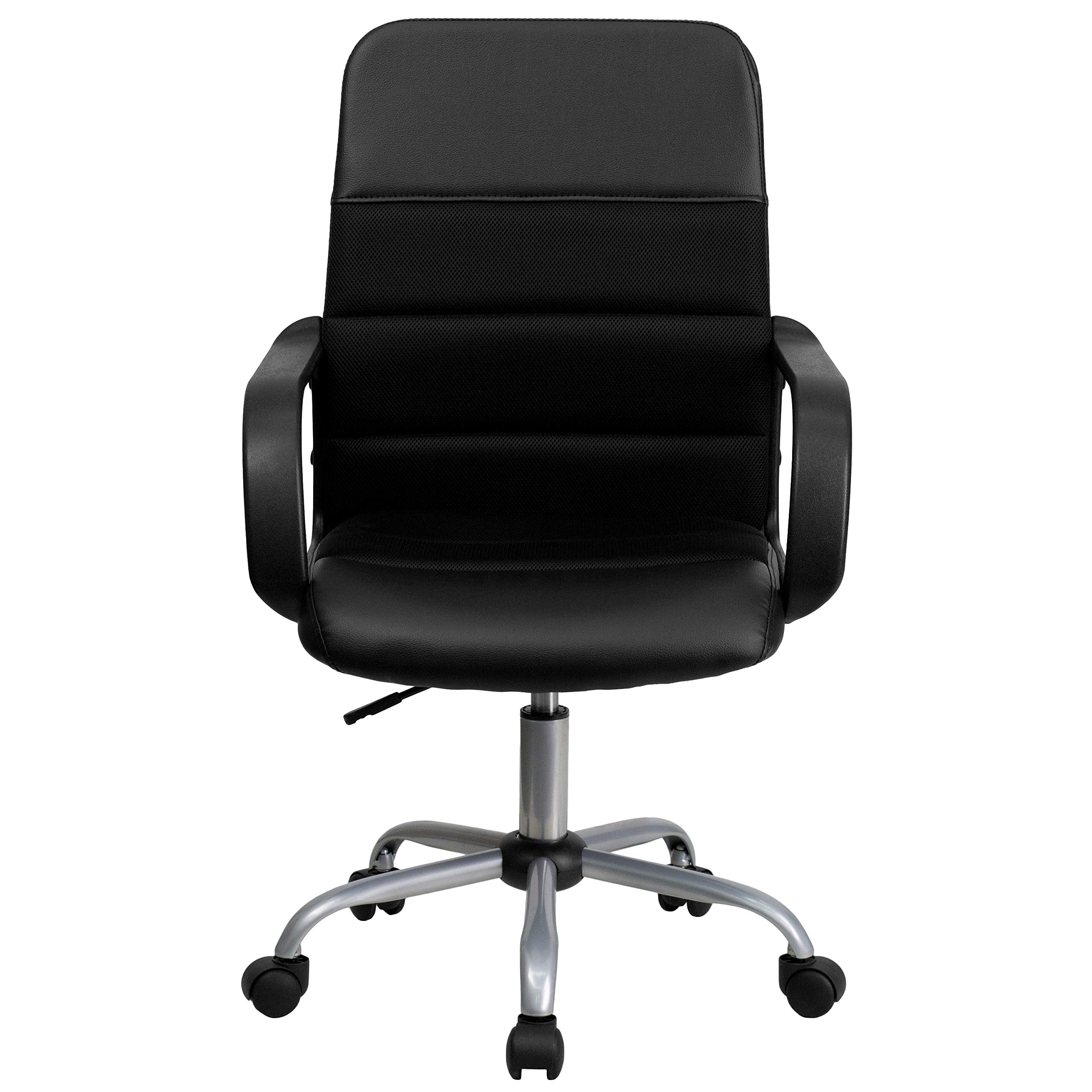 Flash Furniture Manor Mid-Back Swivel LeatherSoft Office Chair with Adjustable Height, Headrest & Padded Arms - Ergonomic Desk Chair for Home Office, Gaming & Workspace - Black
