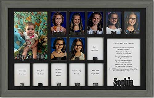 Personalized Northland School-Years Picture Frame - Holds 12 (2.5x3.5) School Photos & 2 (5x7) Graduation/Birthday Pictures - Dark Gray Frame with Black Insert - Custom Name Engraving - 12x20 Wall Decor - Perfect for School Memories, Graduation Gifts & Family Photo Displays