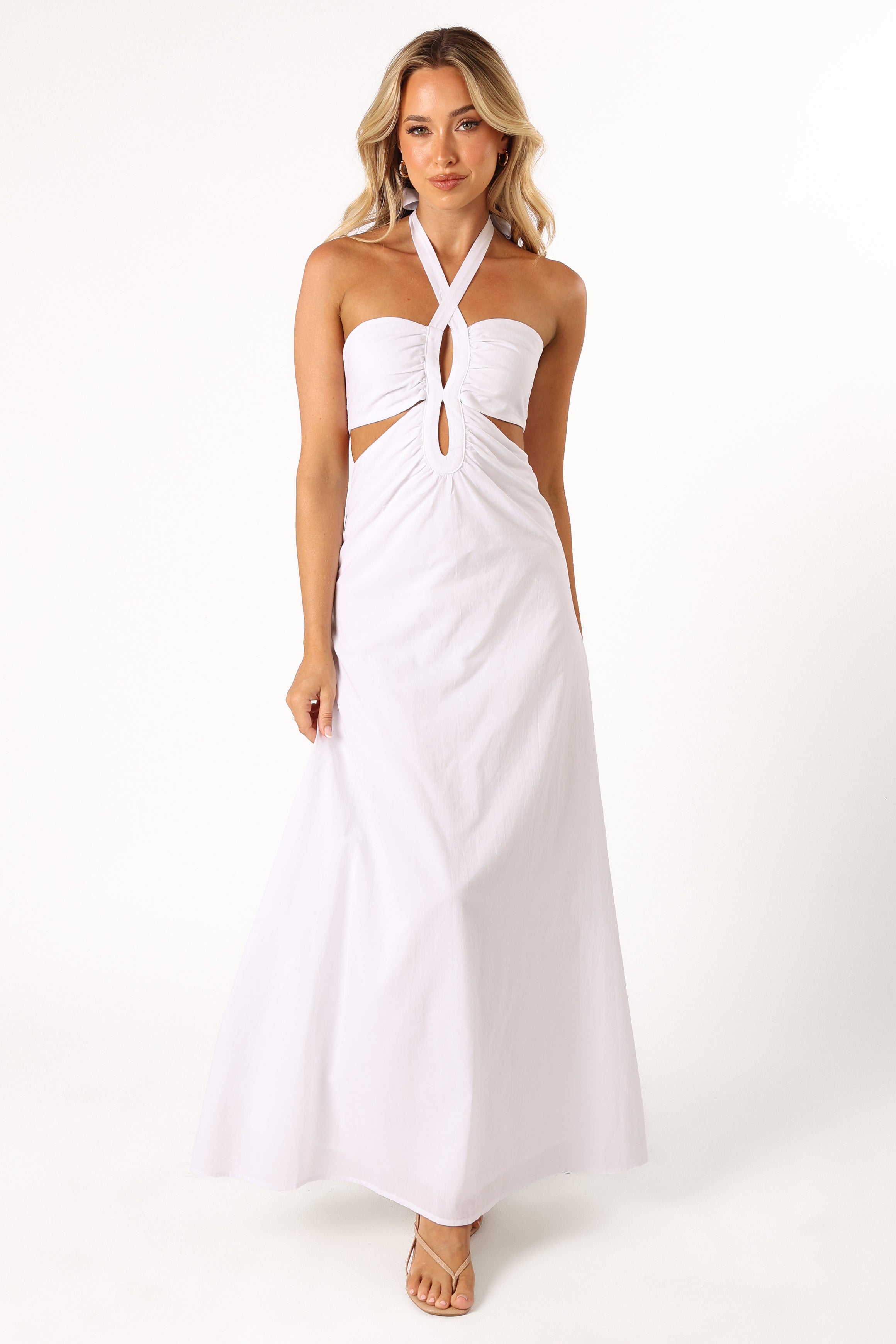 Kallos Women's Halterneck Maxi Dress - Elegant White Summer Long Dress for Beach, Party & Wedding | Flowy Boho Style