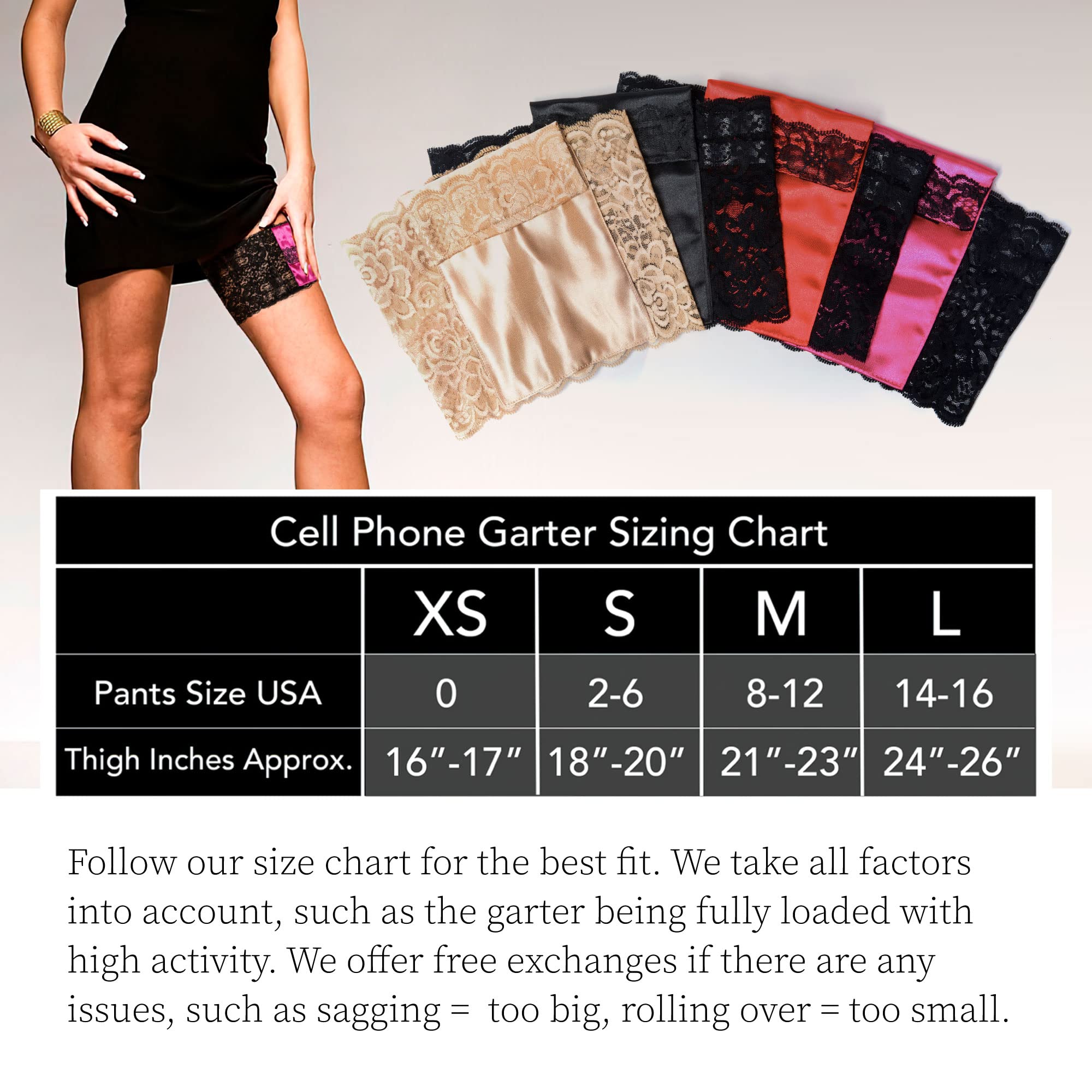 Stashbandz 2 Security Pockets - Lace Thigh Garter with Stay-Put Grippers for Phone, Cash & Essentials | Wedding, Travel & Fitness Accessory | Fits All Phone Sizes