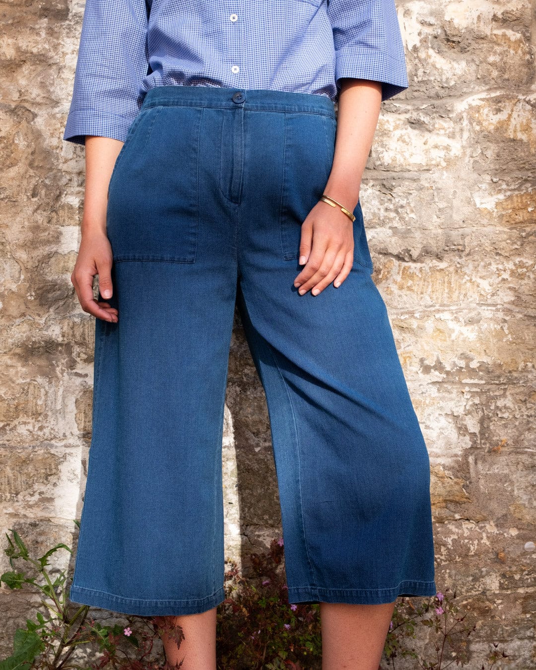 Carrie Women's High Waisted Cotton Culottes | Textured Denim Pants | Casual & Office Wear | Perfect for Summer Outfits & Travel