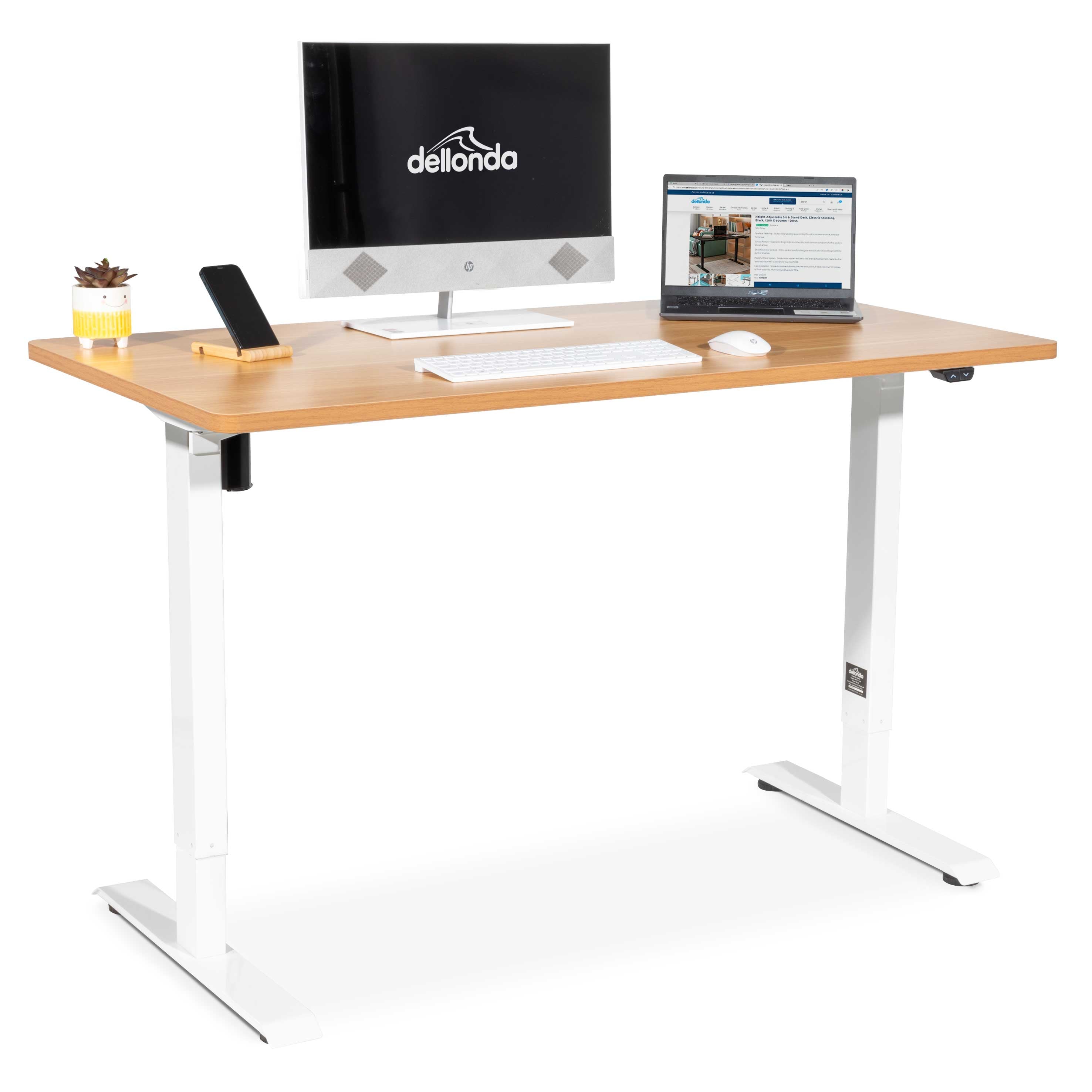 Single Motor Height Adjustable Electric Standing Desk with Oak Wood Desktop - Ergonomic Sit Stand Workstation for Home Office, Study & Gaming (Model DH68)