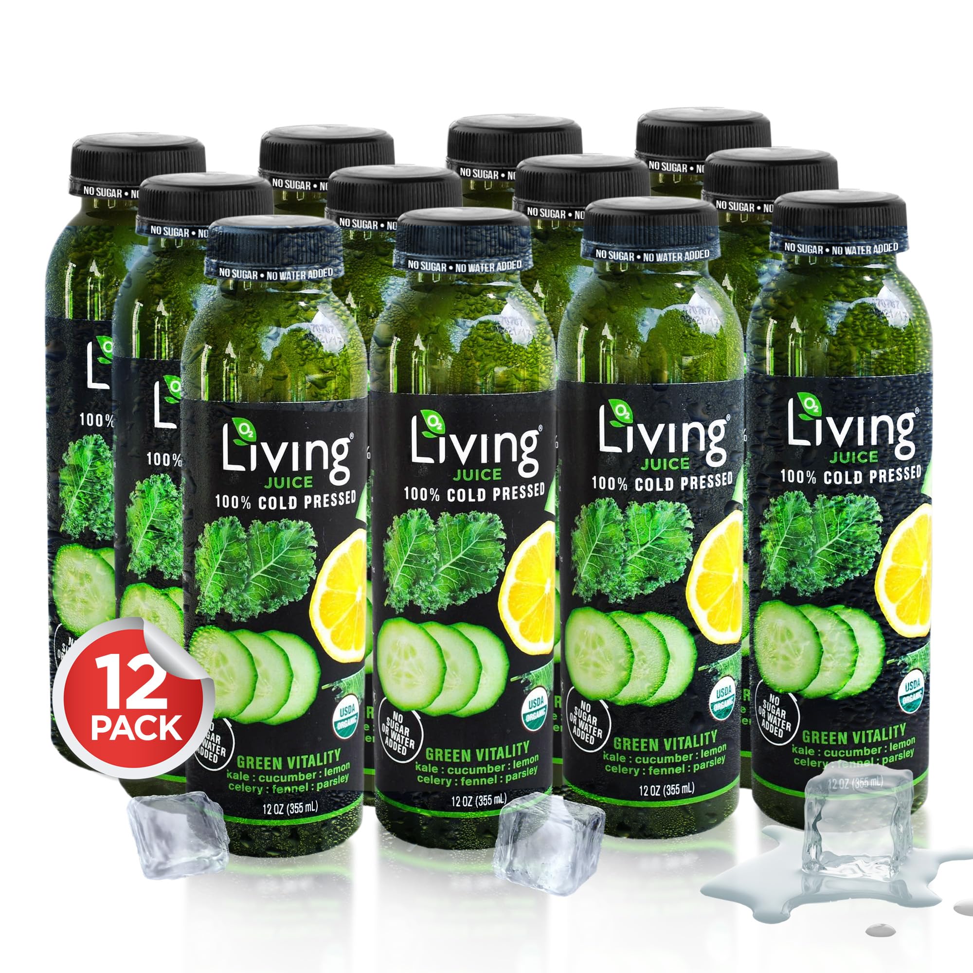 O2 Living Cold Pressed Organic Juice – Low-Calorie Detox Drink with 7 Vegetable Servings, Immunity Booster & Vitamin-Packed Fruity Beverage | Green Vitality 12-Pack (12oz) – Perfect for Post-Workout Recovery, Daily Wellness & Healthy Lifestyle