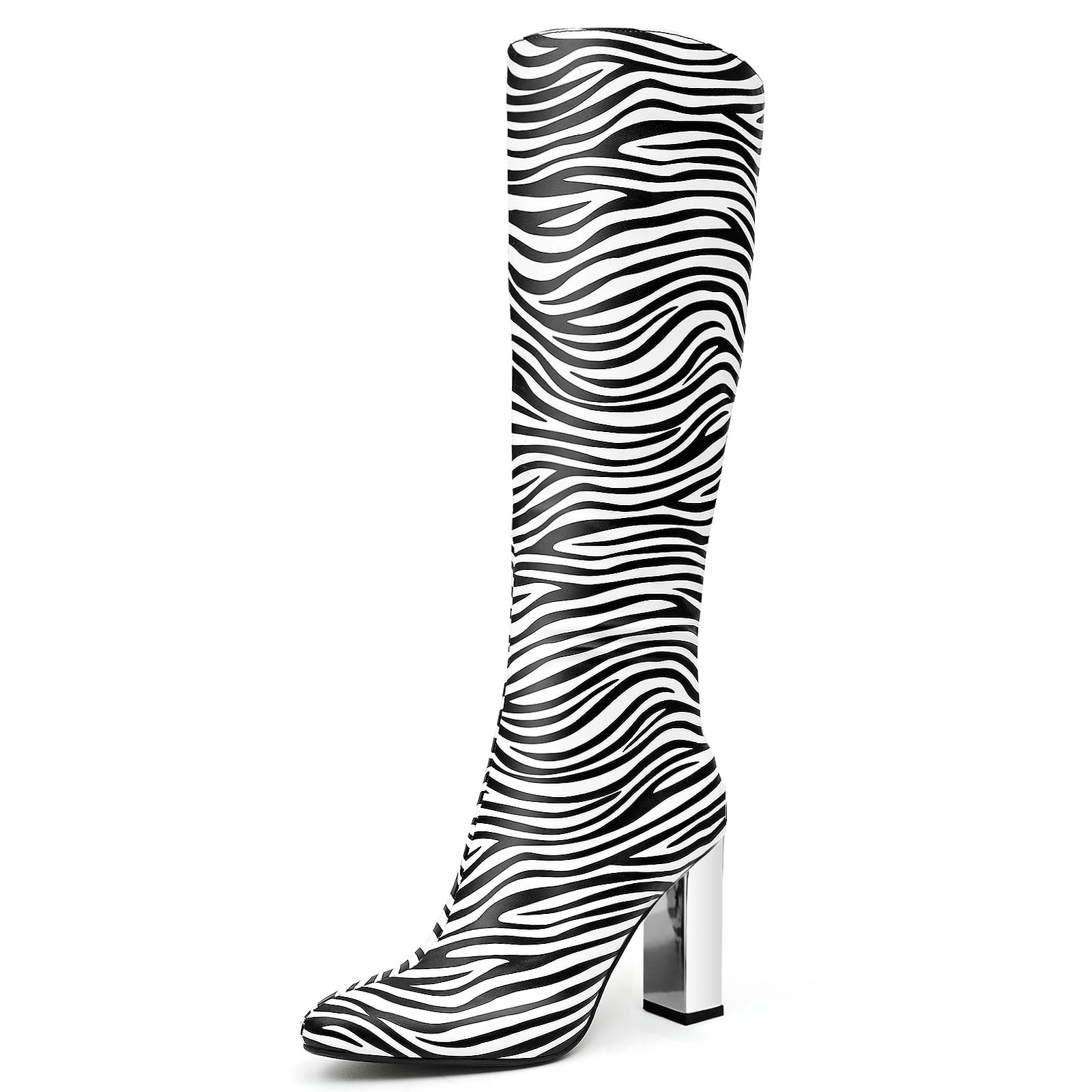 Cozivwaiy Women's Knee High Metallic Boots - Block Heel Dress Boots for Formal Occasions | Stylish Chrome Tall Boots with Zipper | Perfect for Parties, Weddings & Night Out