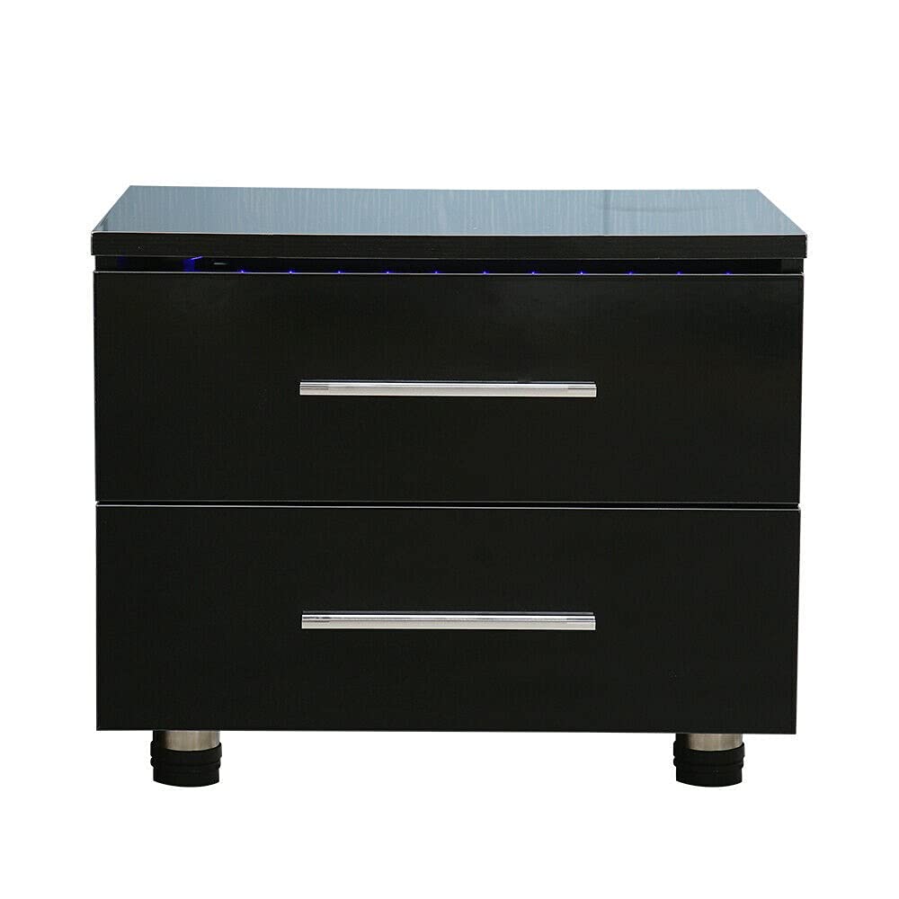 Modern LED Nightstand with 2 Drawers - High Gloss Bedside Table with Built-in Lighting for Bedroom, Living Room & Dorm - Contemporary End Table with Storage Space