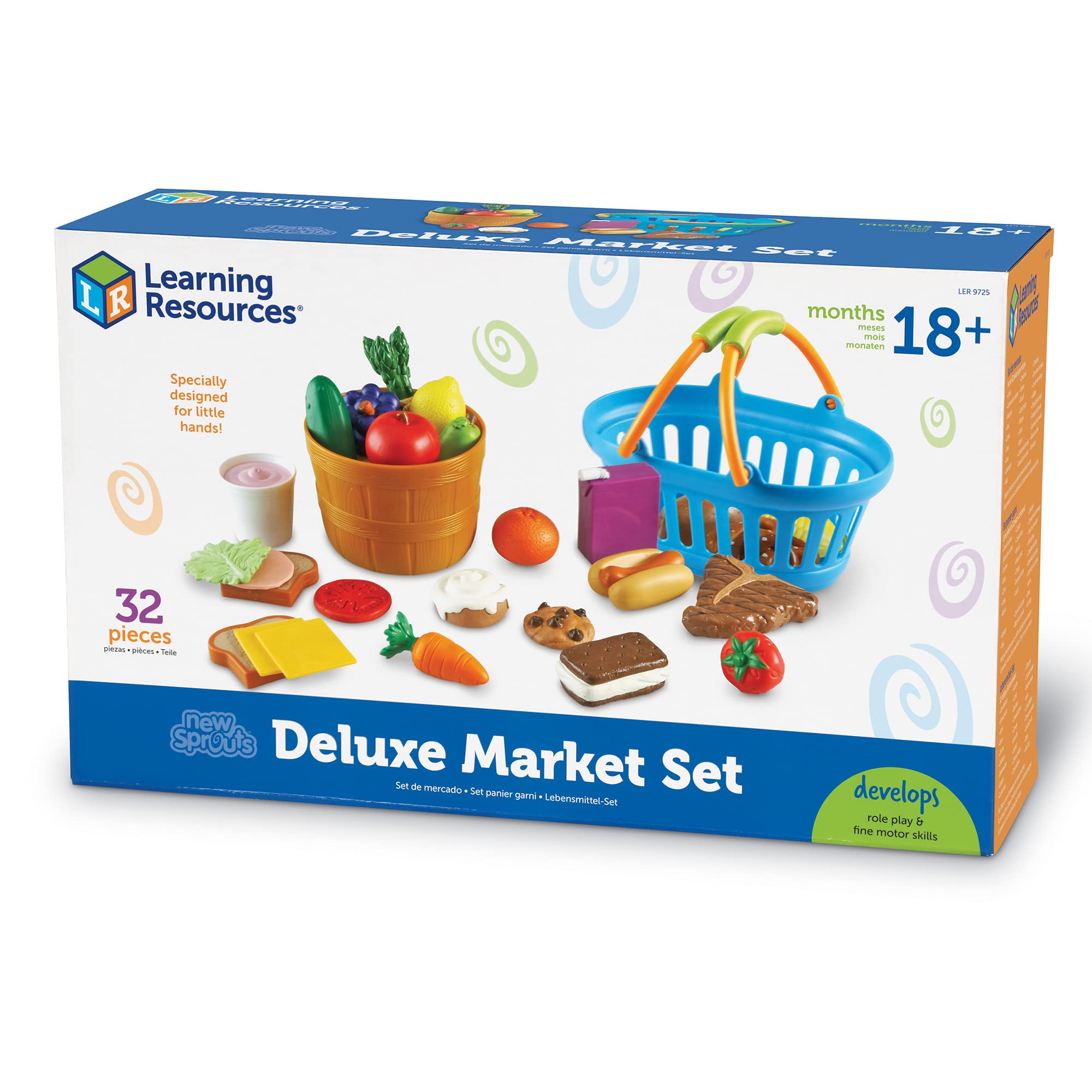 Learning Resources New Sprouts Deluxe Market Set - 32-Piece Pretend Play Food for Toddlers & Preschoolers, Educational Kitchen Play Toys for Kids Ages 18+ Months | Perfect for Role-Playing, Early Learning & Social Development