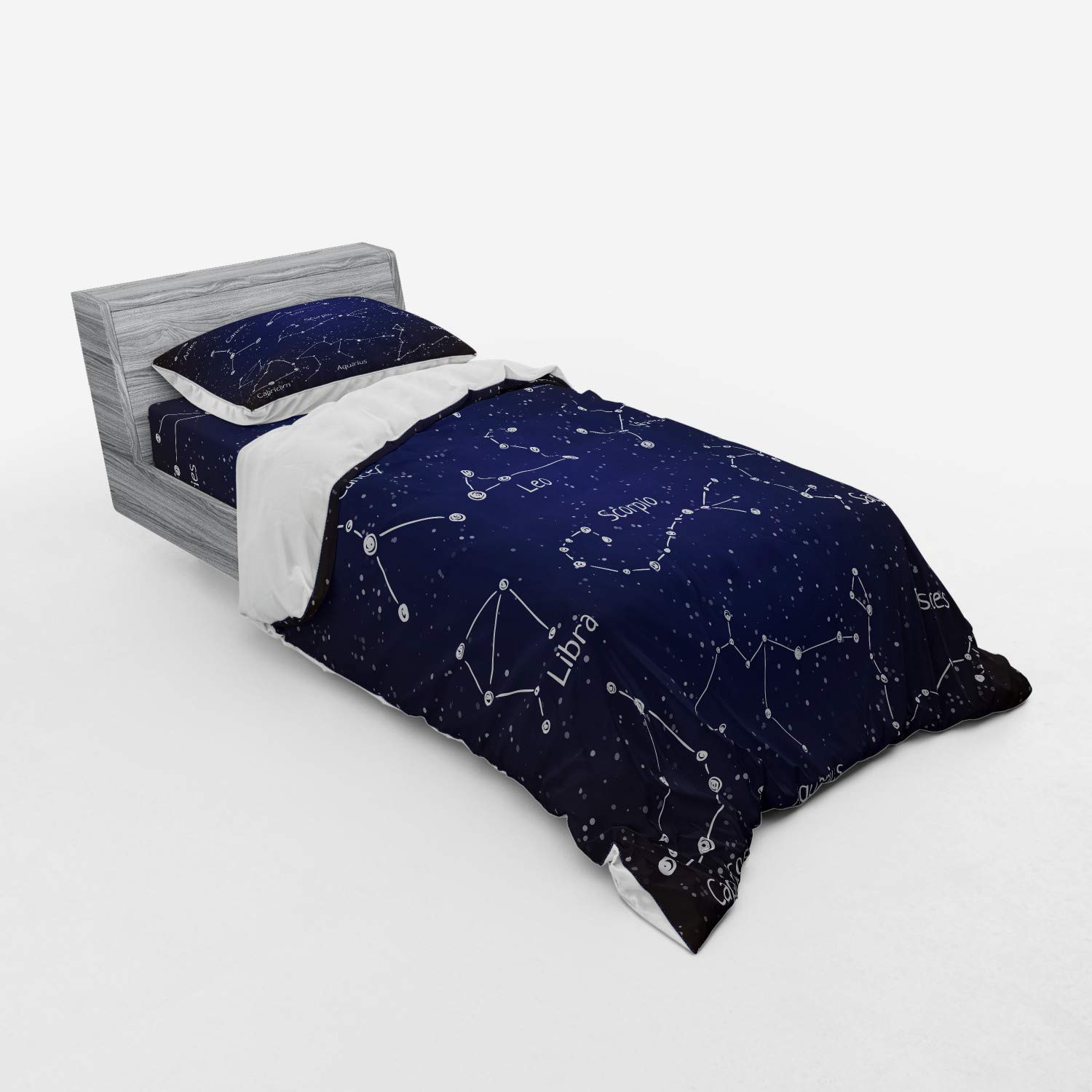 Ambesonne Constellation Duvet Cover Set - 3 Piece Twin Size with Sham & Fitted Sheet | Zodiac Star Clusters & Sign Names in Chalk Writing Style | Dark Blue & White Galaxy Themed Bedding | Perfect for Astronomy Lovers & Teen Room Decor