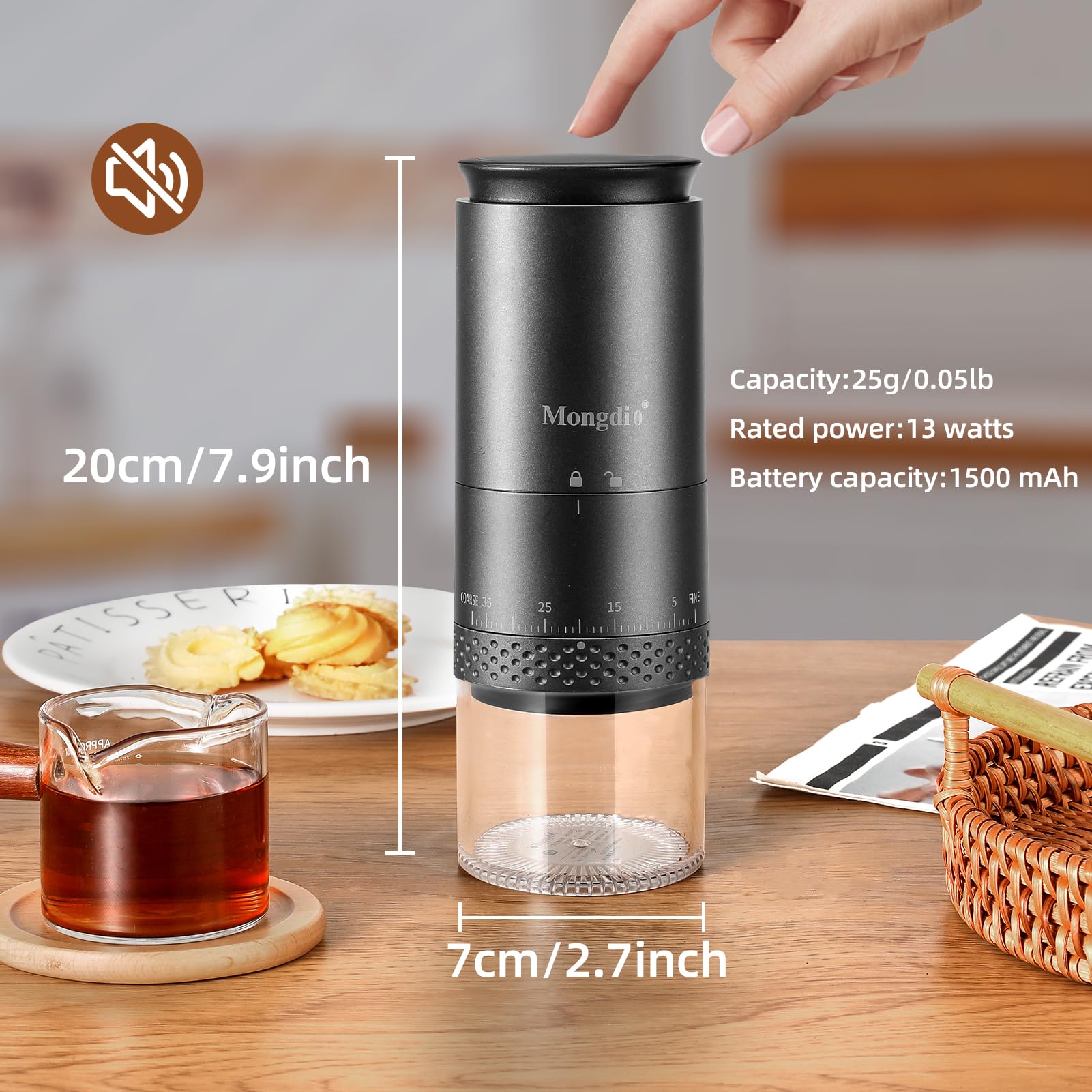 Mongdio Portable Electric Burr Coffee Grinder - 38 Adjustable Settings, Conical Burr Mill with LED Display, USB Rechargeable, Ceramic Core - Perfect for Home, Office & Travel Use - Space Black