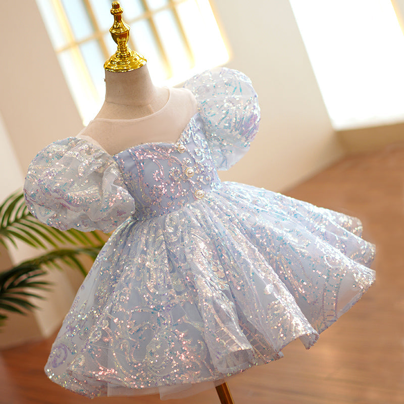 Sparkly Dusty Blue Sequin Princess Dress for Girls with Ruffle Puff Sleeves - Perfect for Birthday Parties, Pageants & Special Occasions