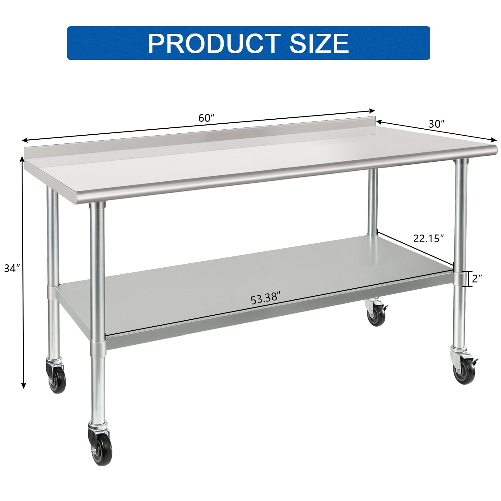 HARDURA 30 x 60 Inch Stainless Steel Commercial Prep Table with Wheels - NSF Certified Heavy Duty Kitchen Work Table with Adjustable Undershelf & 2