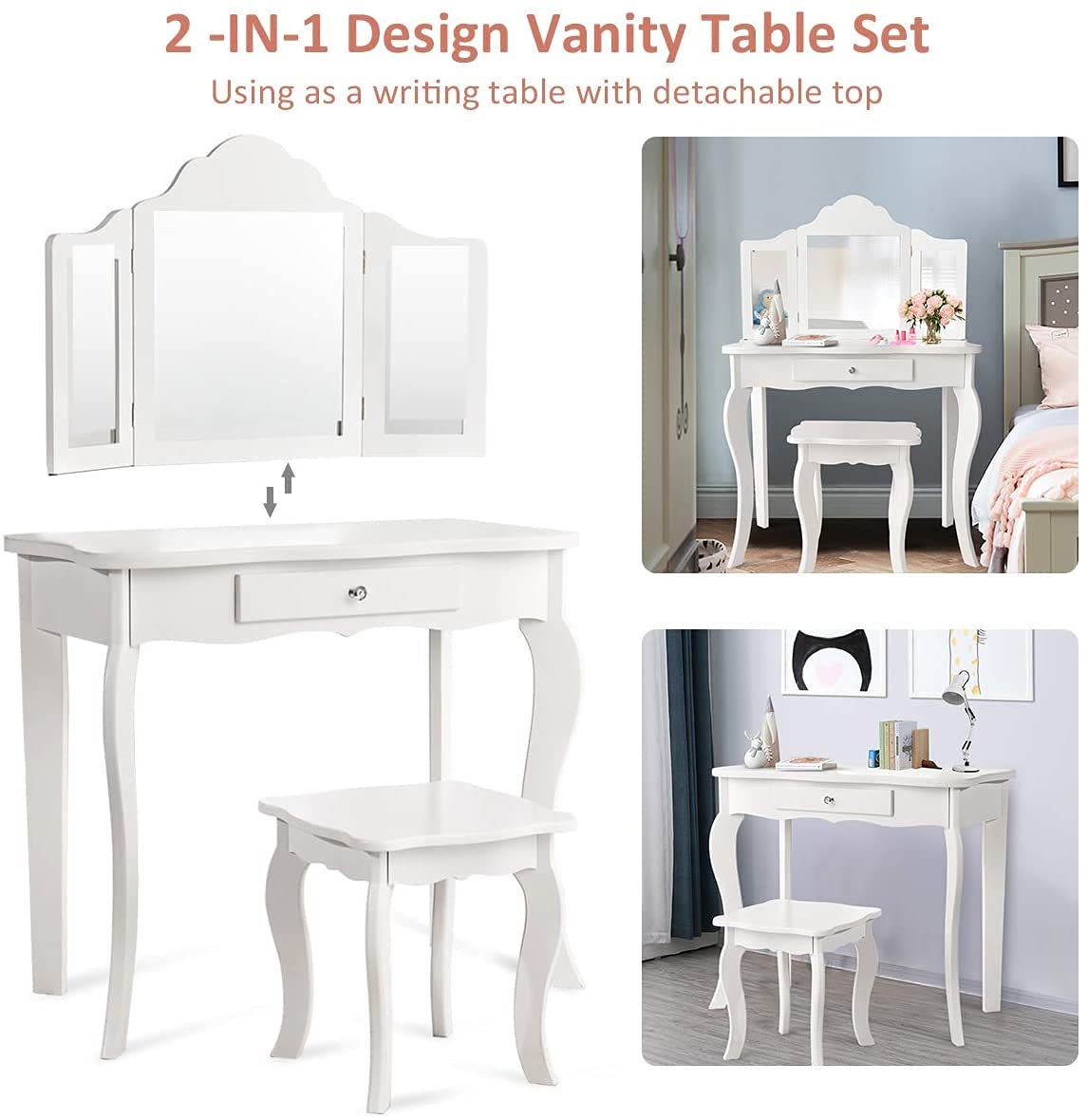 Costzon Kids Wooden Vanity Table & Stool Set - 2 in 1 Detachable Design with Dressing Table & Writing Desk, Princess Makeup Vanity with 180° Folding Mirrors for Girls (White) | Perfect for Bedroom, Playroom & Gift for Little Princesses