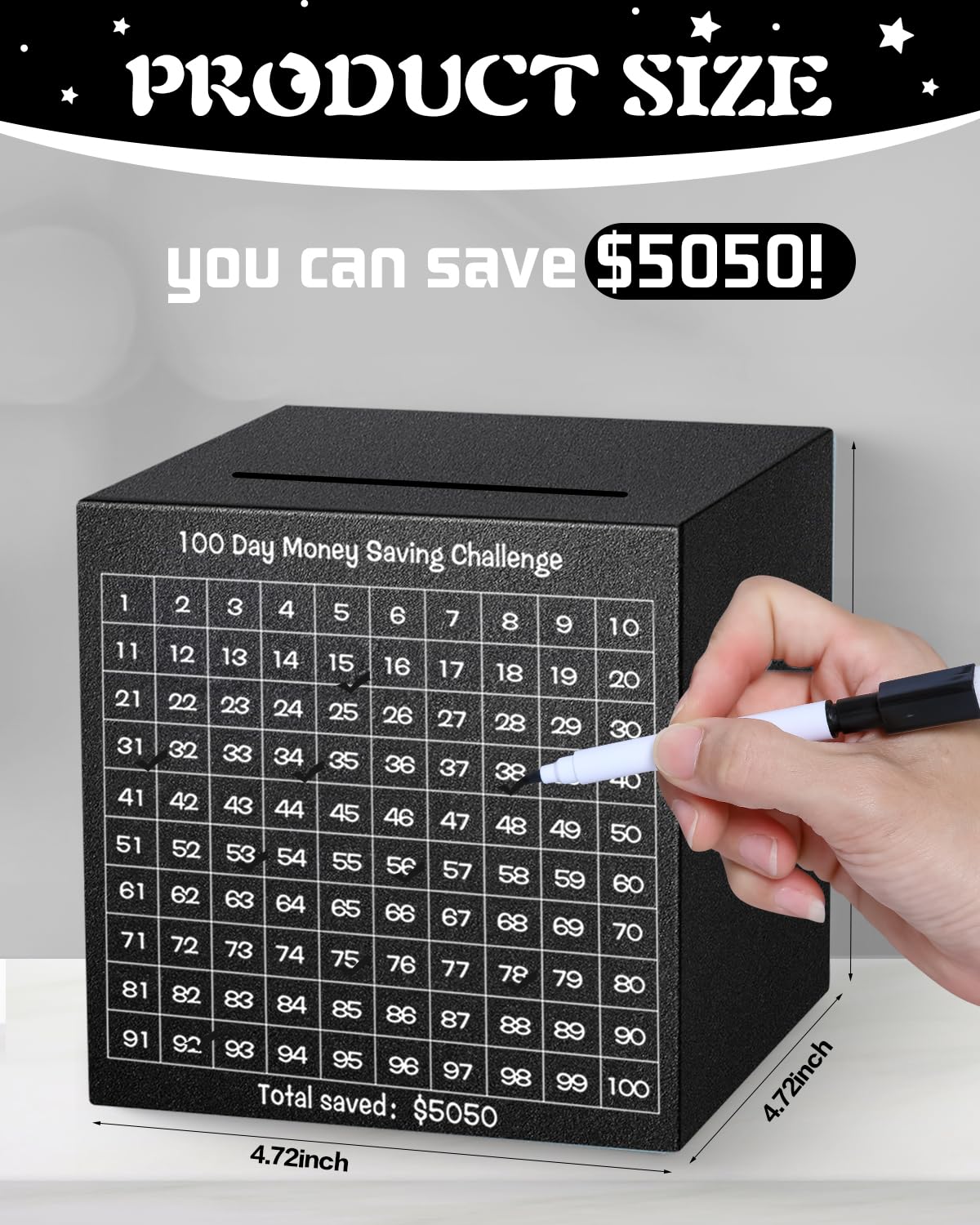 Unbreakable Metal Piggy Bank for Adults - Save $5,050 with 100 Day Money Challenge | Stainless Steel Savings Box (4.72 Inch, Black) | Must Break to Open | Perfect for Budgeting, Emergency Funds & Financial Goals