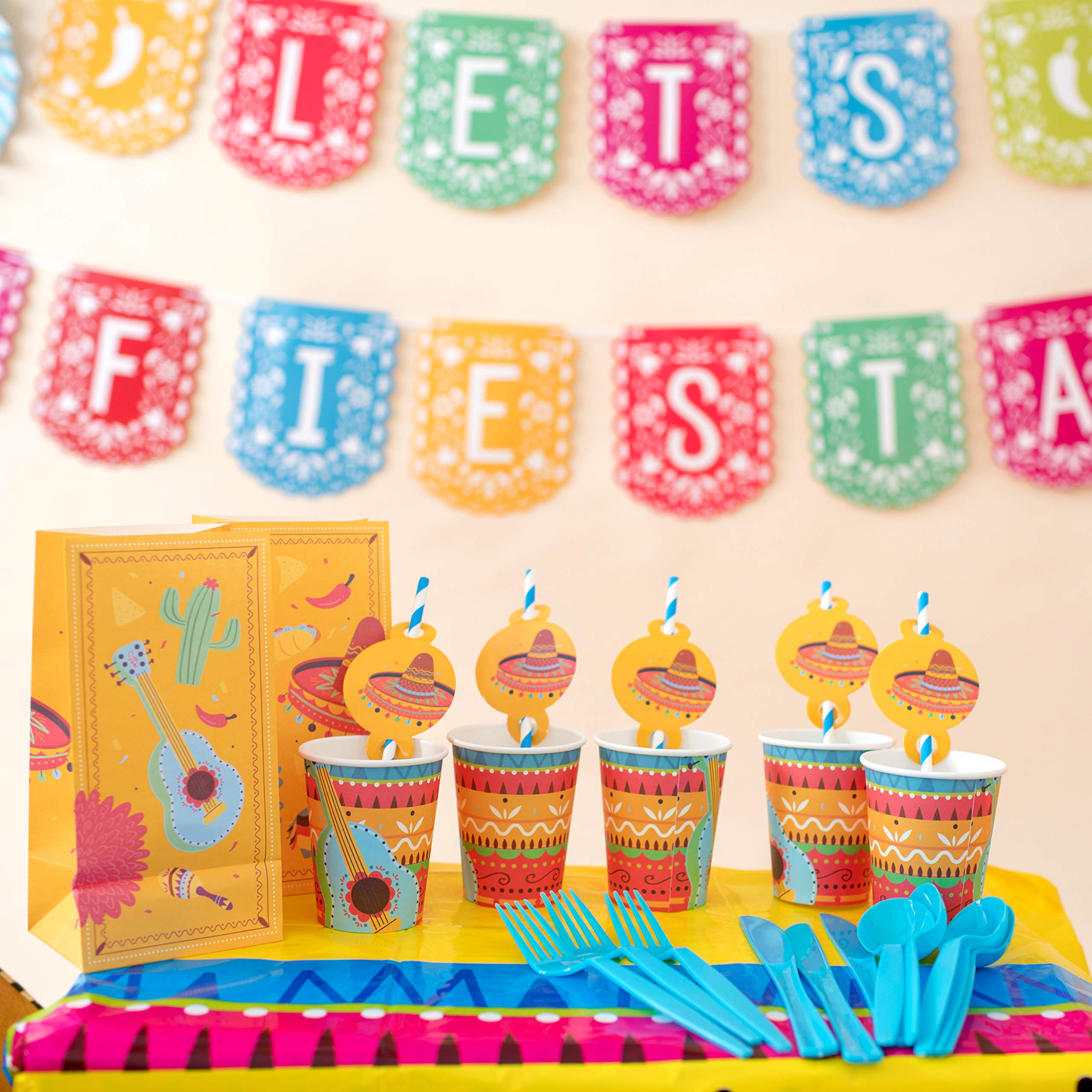 Vibrant Mexican Fiesta Party Supplies Set - 16 Large Dinner Plates, 16 Dessert Plates, 16 Cups & 16 Napkins | Perfect for Cinco de Mayo, Birthday Parties, Taco Nights & Themed Celebrations | Durable Disposable Tableware for Outdoor Gatherings & Family Events