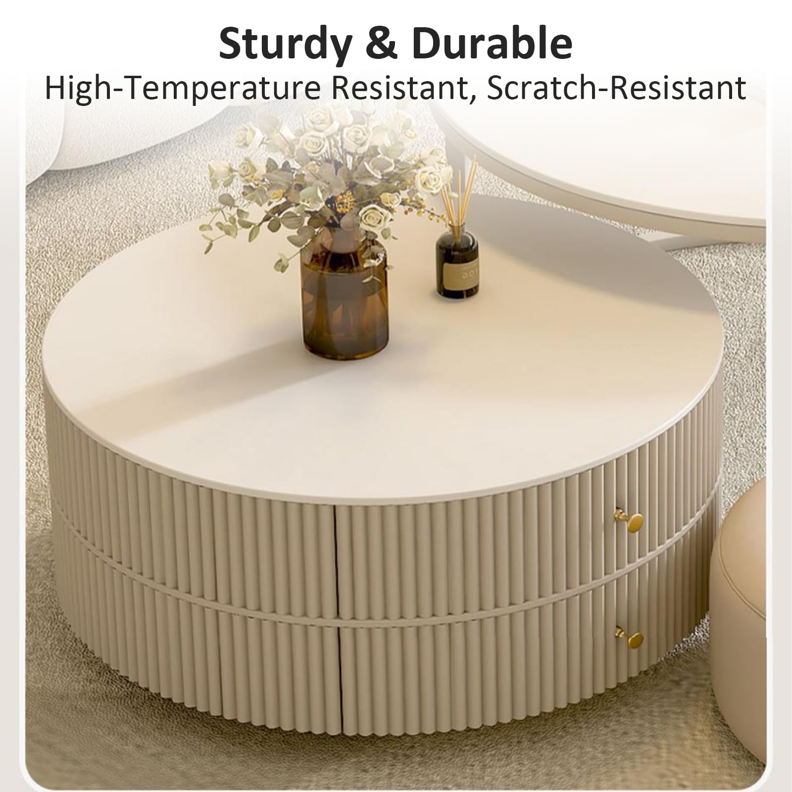 Premium Nesting Coffee Table Set of 2 with Leather Stool - Ivory Wood Circle Embossed Design & 2 Drawers - Round Baking Paint Frame Coffee Table for Living Room, Lounge & Small Spaces