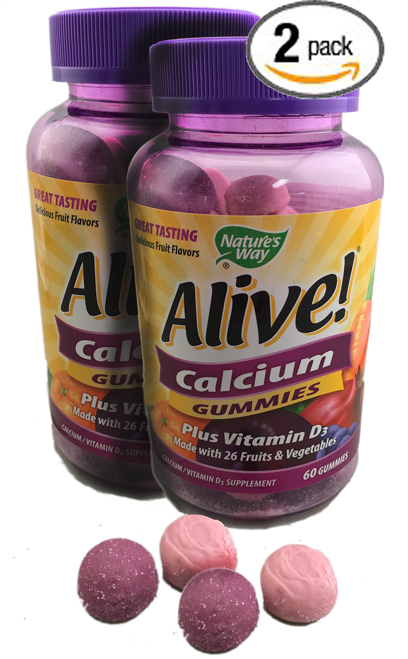 2-Pack Natures Way Alive! Calcium Gummies Plus Vitamin D3 - 60 Gummies Each, Gluten Free & Vegetarian Friendly, 120 Count | Supports Bone Health for Kids & Adults, Perfect for Daily Supplement Routine