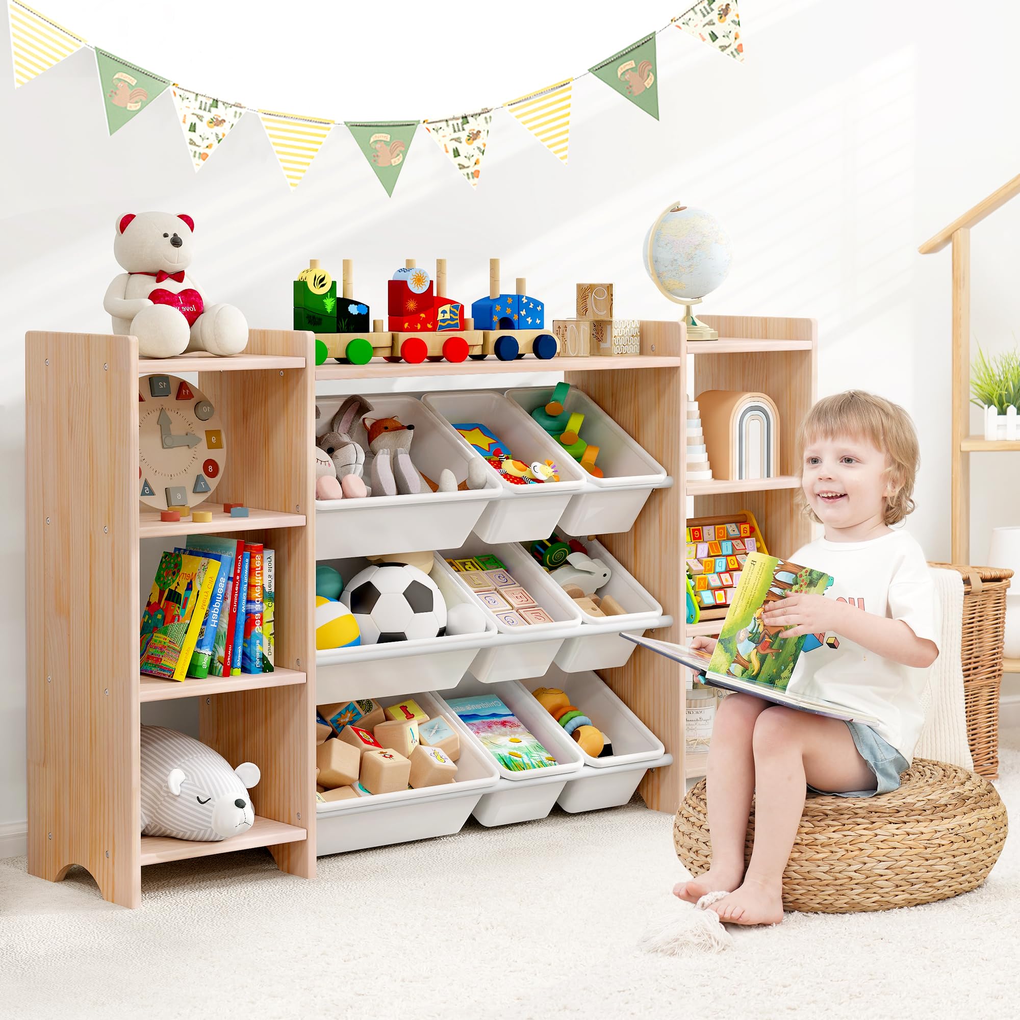 MallBest 4-Tier Kids Toy Storage Organizer Shelf - 100% Solid Wood Extra Wide Children's Storage Cabinet with 9 Plastic Bins & 6 Storage Ports | Perfect for Playroom, Bedroom & Classroom Organization