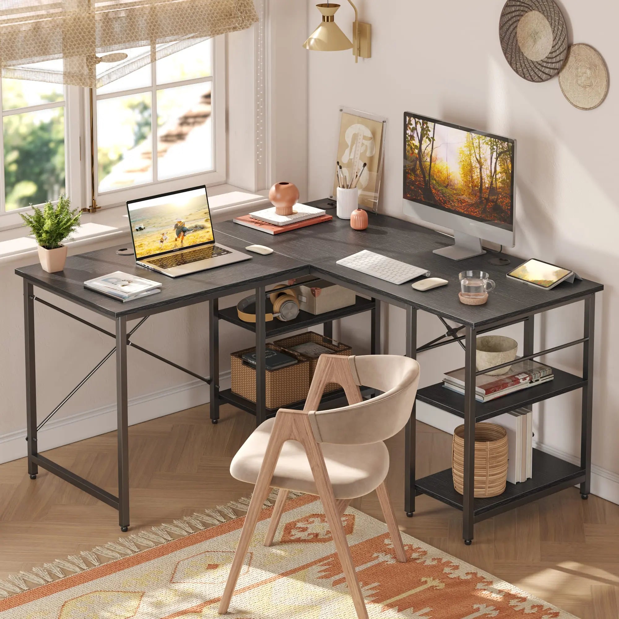 Bestier 86 Inch L-Shaped Computer Desk for Two - Home Office Gaming & Workstation with Large Workspace - Perfect for Couples, Roommates & Small Spaces