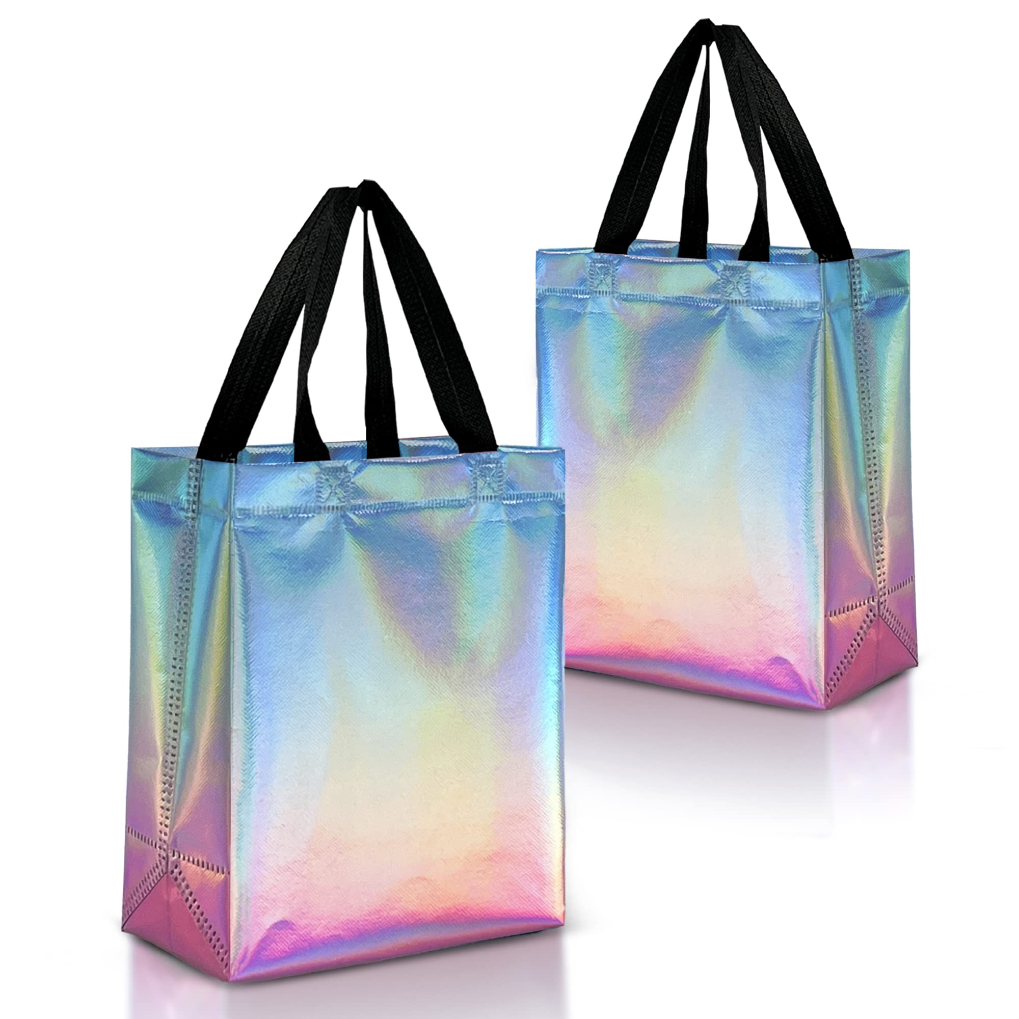 Nush Nush Gradient Reusable Gift Bags - Set of 12 Aqua to Pink Holographic Party Favor Bags (8x4x10 Inches) - Perfect for Birthday Parties, Baby Showers, Wedding Favors & Holiday Gift Wrapping