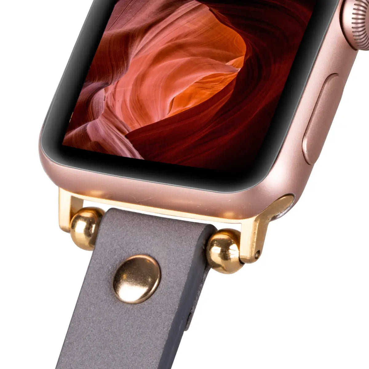 Slim Gray Leather Apple Watch Band with Gold Rivet - Stylish & Durable Replacement Strap for Work, Gym & Everyday Wear