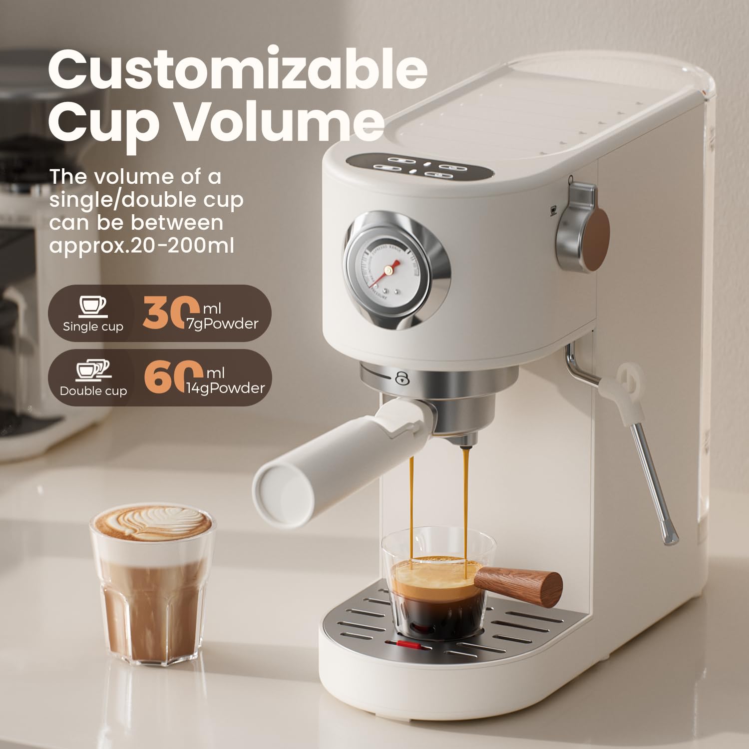 Premium 20Bar Espresso Machine with Milk Frother Steam Wand - Adjustable Cup Volume, 37oz Capacity for Latte & Cappuccino - Touch Screen & Pressure Gauge - Beige - Perfect for Home Baristas & Coffee Shops