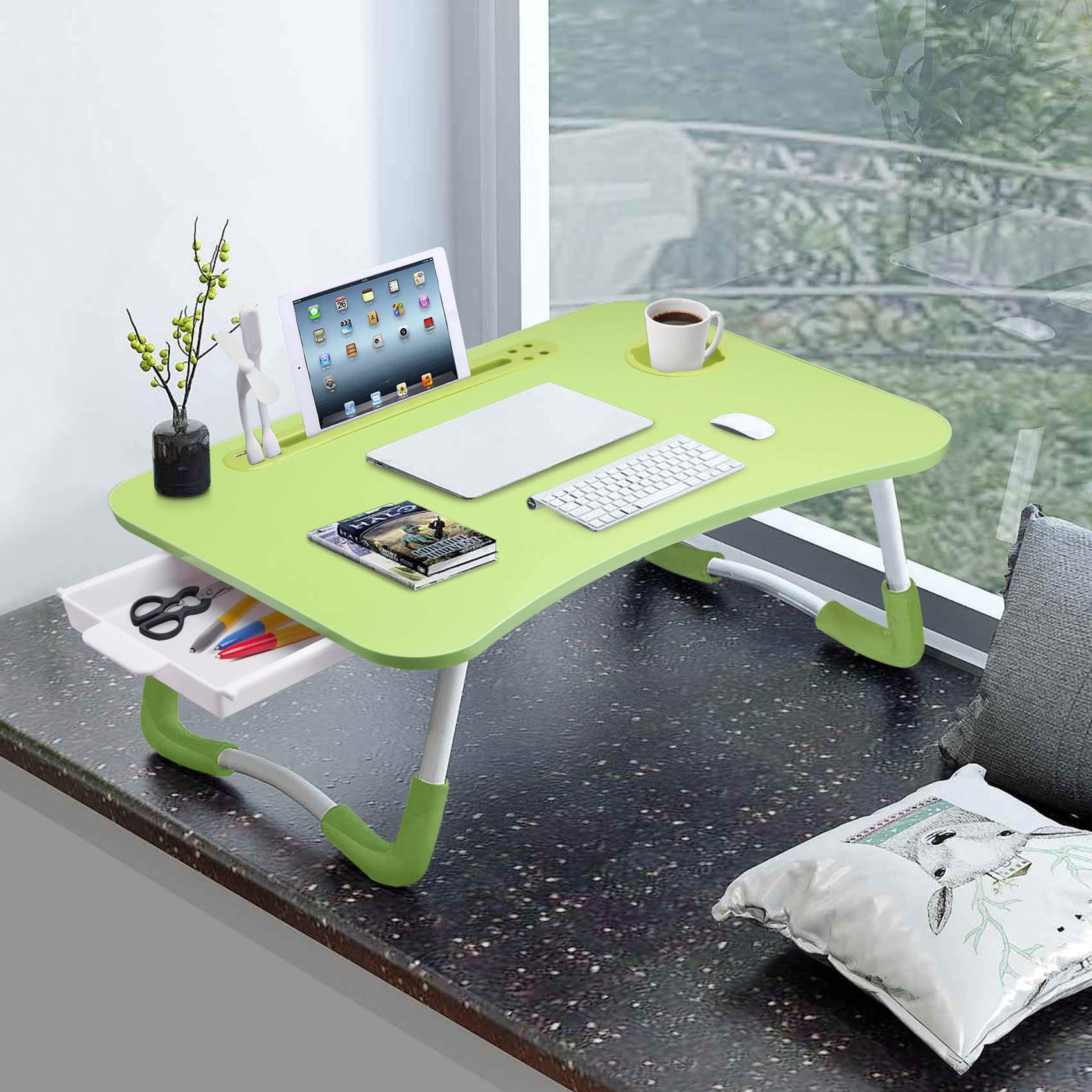 Foldable Laptop Desk with Drawer - Portable Standing Desk for Bed, Couch & Floor - Adjustable Breakfast Tray for Reading, Writing & Working - Perfect for Home Office, Dorm & Travel Use