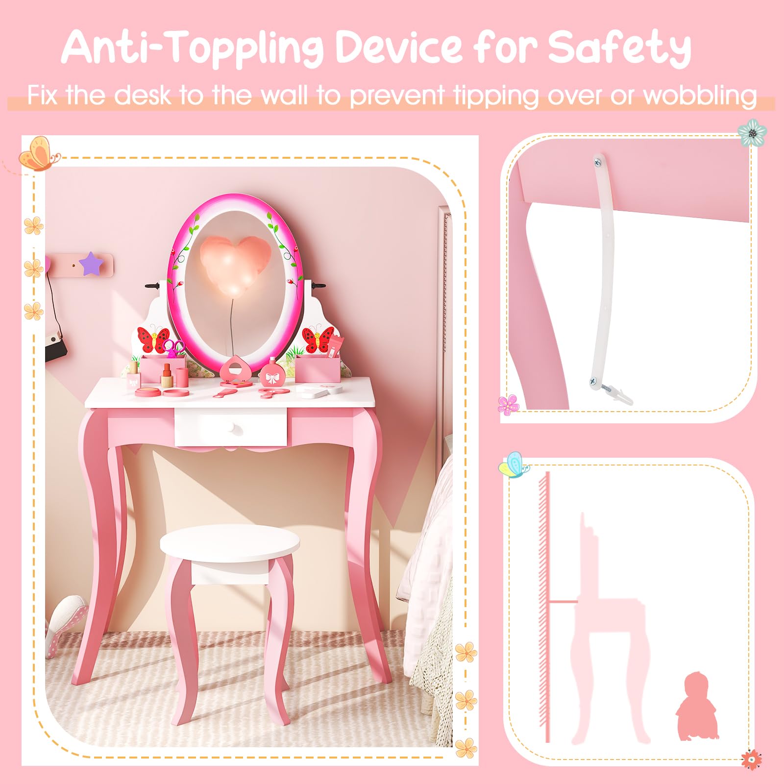 Costzon Kids Vanity Set with Mirror & Stool - 2-in-1 Toddler Makeup Dressing Table with Storage Drawers & Grids - Pretend Play Vanity Desk & Chair for Little Girls - Perfect for Bedroom Playroom & Birthday Gifts