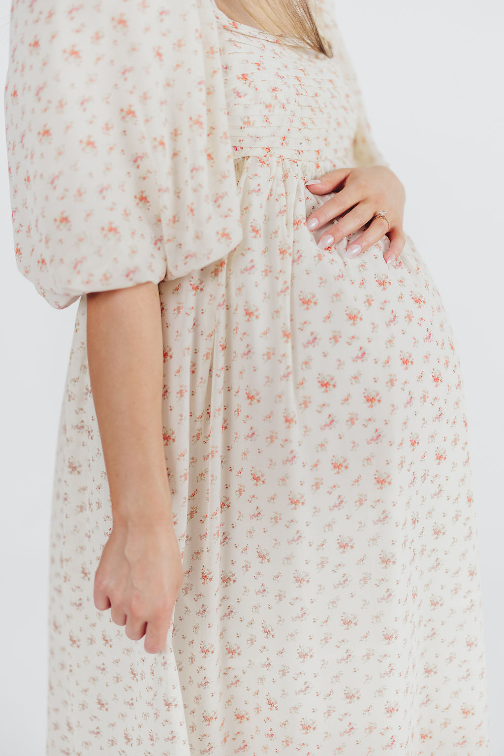 Melody Maxi Dress with Pleats & Bow Detail - Ivory Floral Print, Bump Friendly Maternity Dress, Inclusive Sizing S-3XL | Perfect for Weddings, Baby Showers & Summer Parties