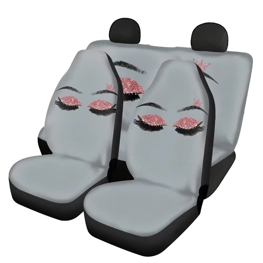 FUIBENG Women's Car Seat Covers - Grey Eyelash Design with Crown Glitter Eyeshadow Pattern, Stretchy Bucket Seat Protector for Front & Back Seats, Washable Anti-Dirty Pet-Friendly Car Accessories | Perfect for Daily Commute, Road Trips & Protecting Seats from Pets