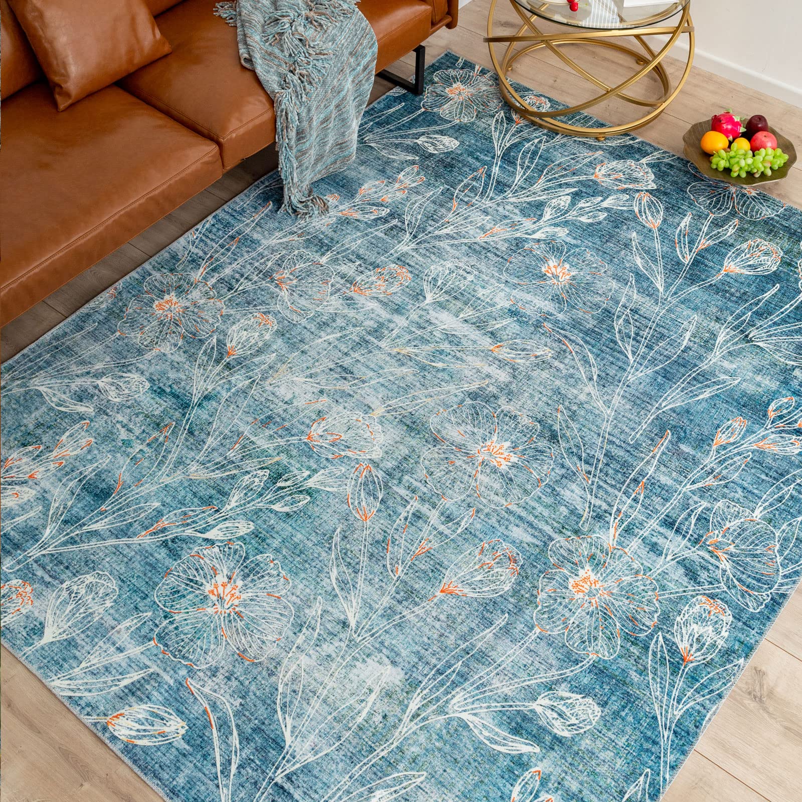 Fashriend Phyllis Washable Modern Floral Leaves Area Rug - 8'x10' Multicolor Aqua Carpet for Living Room, Bedroom & Dining Room | Soft Non-Slip Floor Mat for Home Decor & Cozy Spaces