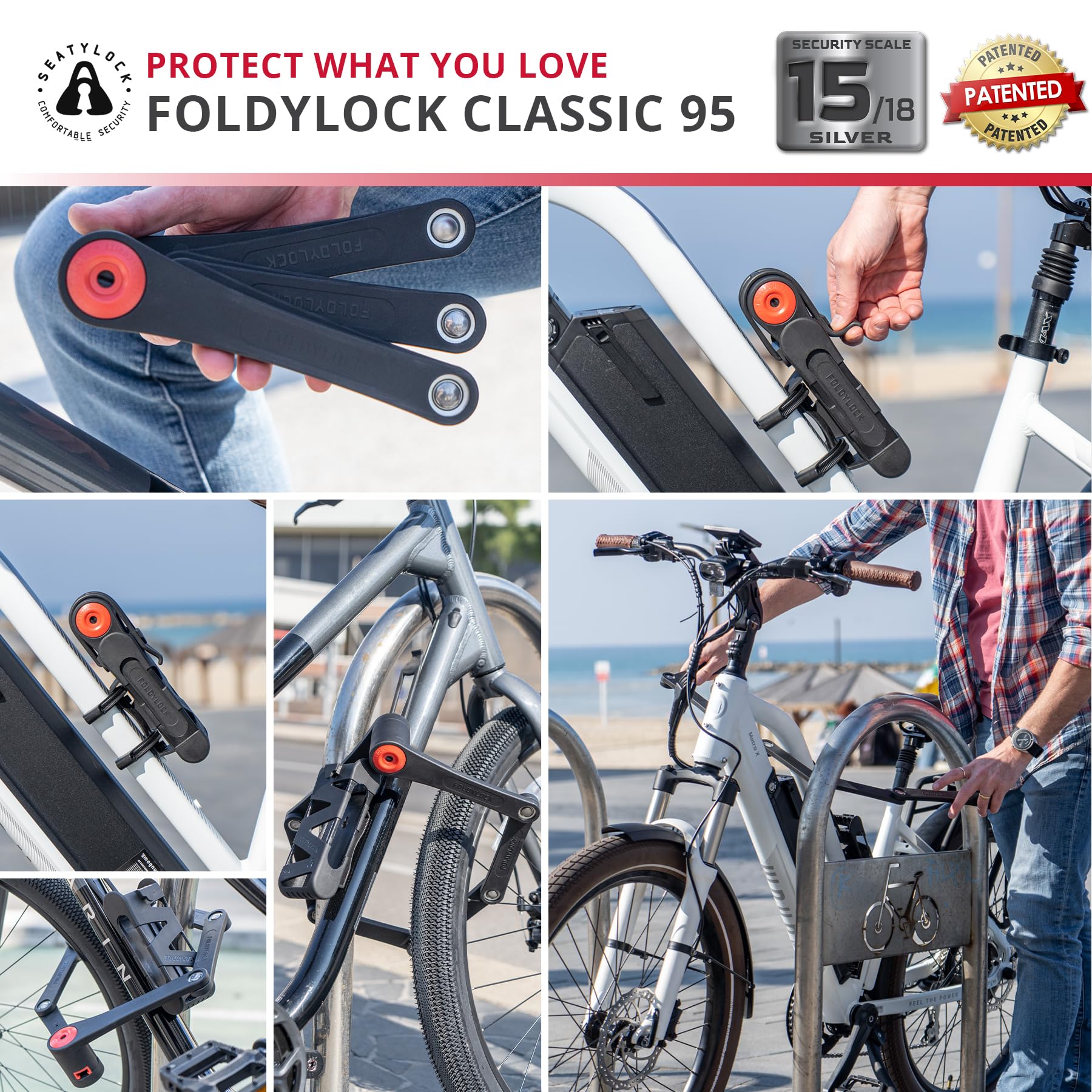 Seatylock FoldyLock Classic Folding Bike Lock - High Security Sold Secure Silver Bicycle U Lock - Heavy Duty Anti-Theft with Keys & Mount Case - 37.4