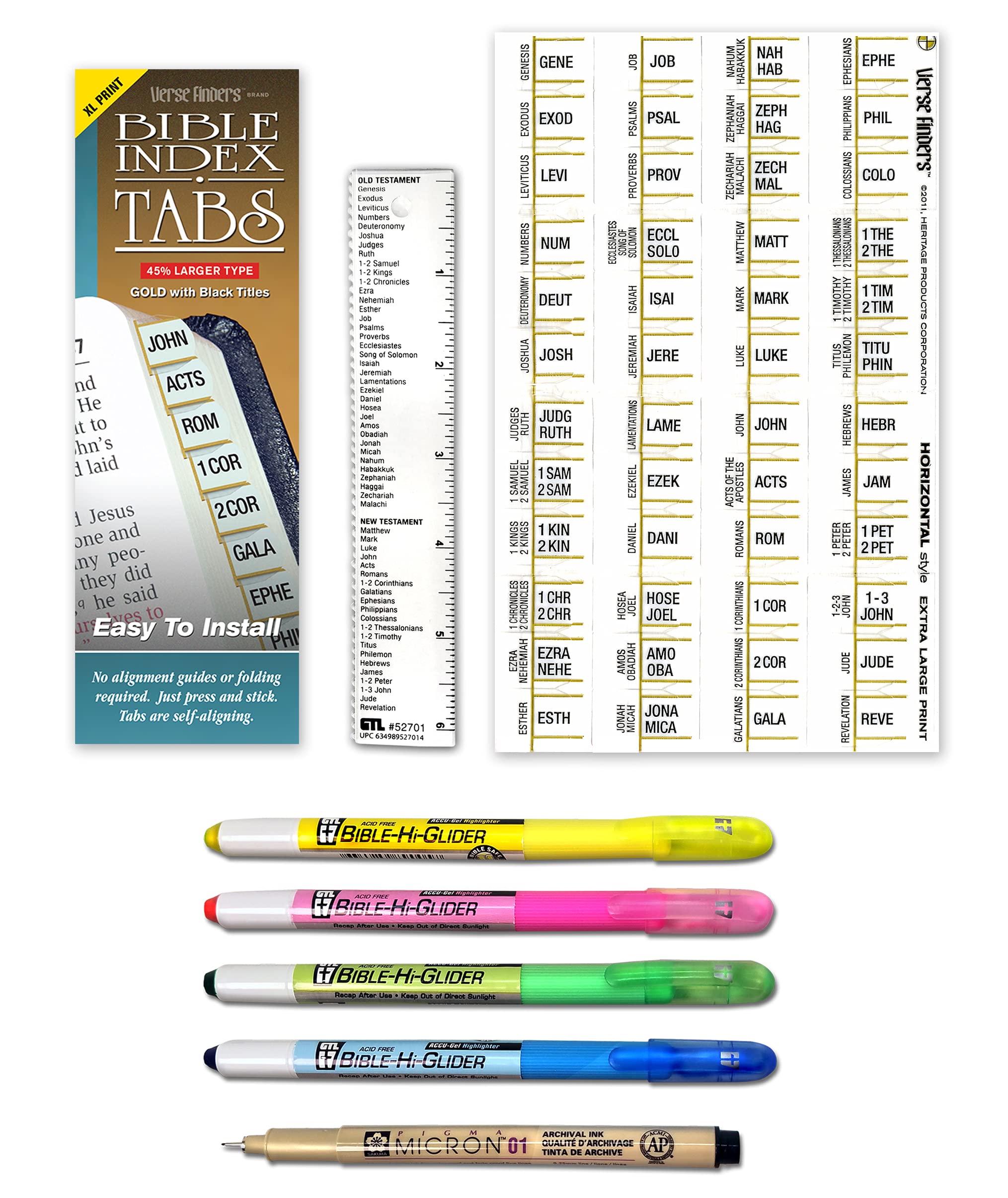 Accu-Gel Bible Highlighter & Pigma Micron Bible Study Starter Set - XL Print Gold Verse Finder Tabs, No Bleed Pigmented Ink & Gel Highlighter (01 Fine Point Black) for Scripture Marking, Bible Journaling, and Church Study Groups