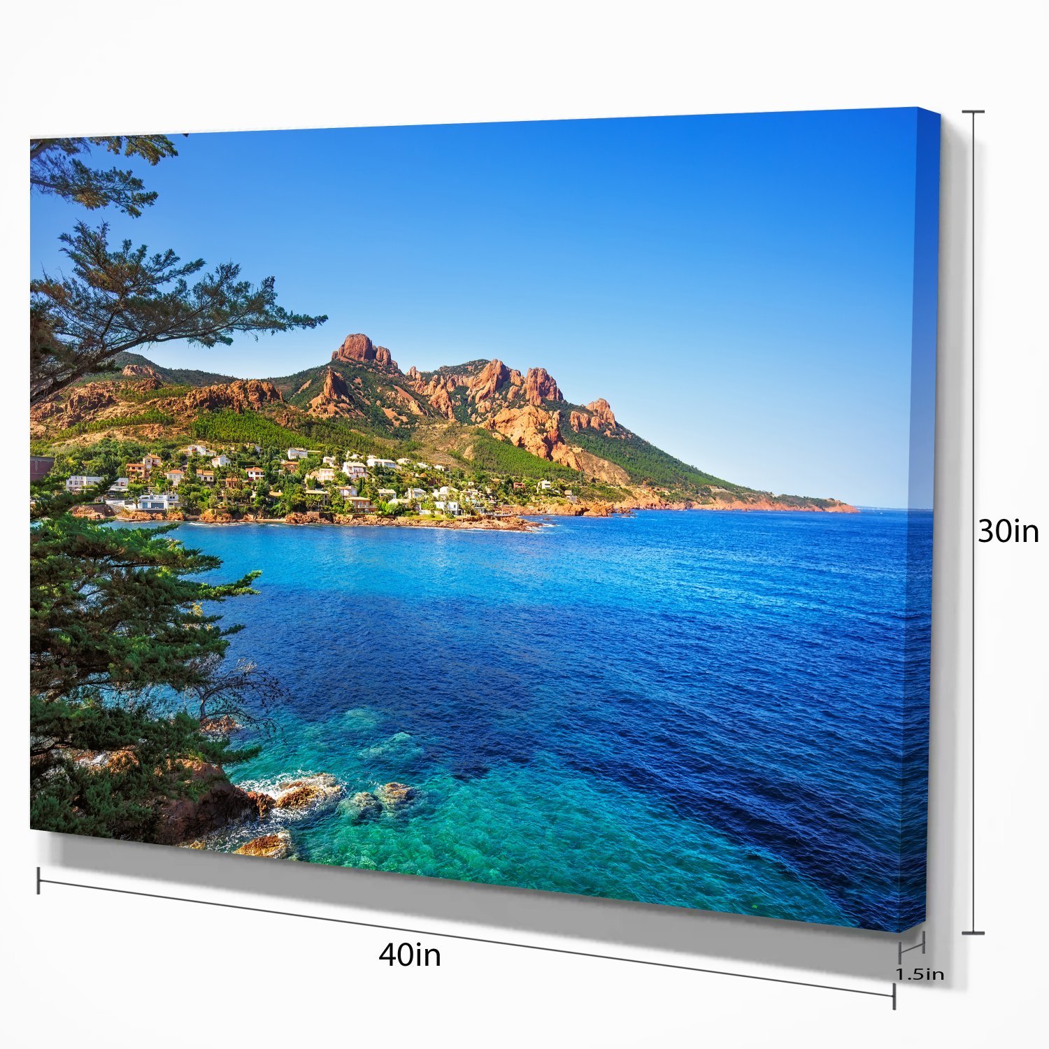 Esterel Rocks Beach Coast in Blue - Extra Large Seashore Canvas Wall Art for Living Room, Bedroom & Office Decor | Coastal Landscape Painting | Ocean Themed Home Decor