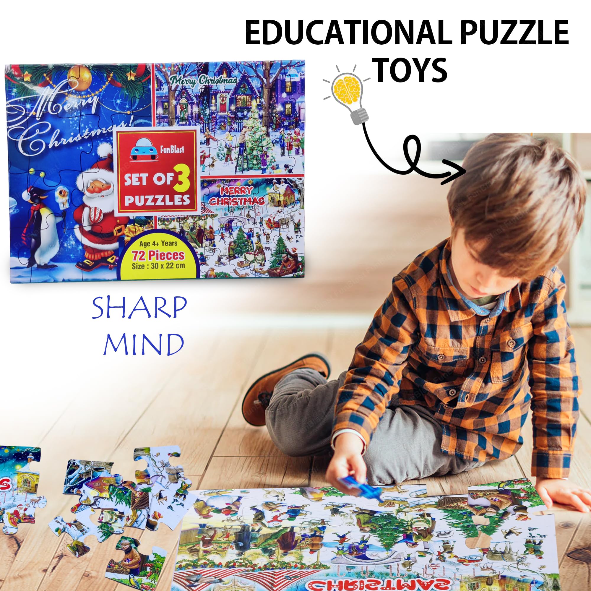 FunBlast Kids Jigsaw Puzzles Set of 3 - 72 Piece Educational Floor Puzzles for Boys & Girls Ages 3+ (30x22cm, Multicolor) | Christmas Gift, Learning Toys & Family Game Night Activities