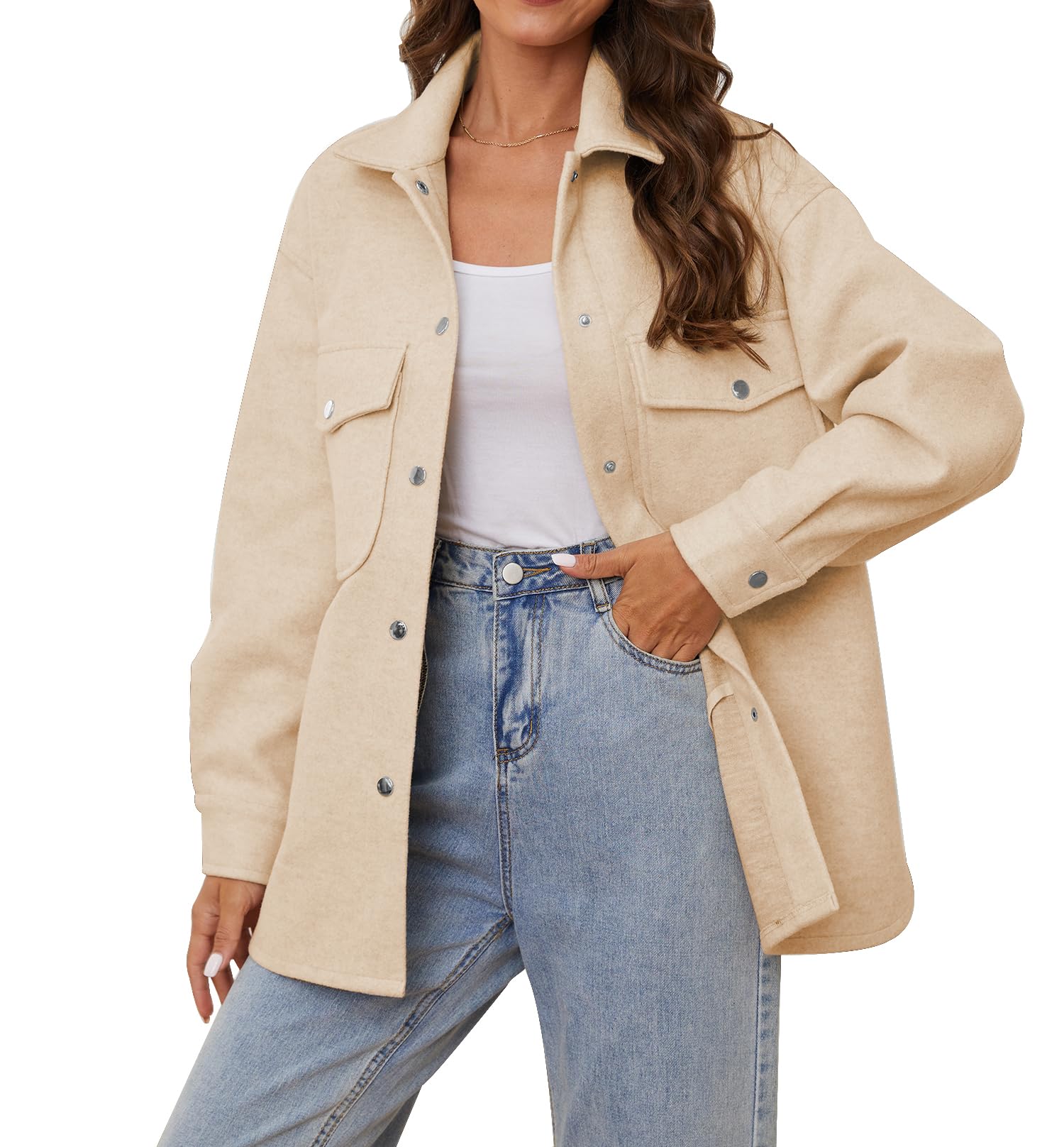 OSTOO Women's 2025 Oversized Lightweight Long Sleeve Shacket Jacket - Button Down Wool Blend Coat with Pockets for Fall & Winter Fashion | Casual Outerwear for Work, Travel and Everyday Wear