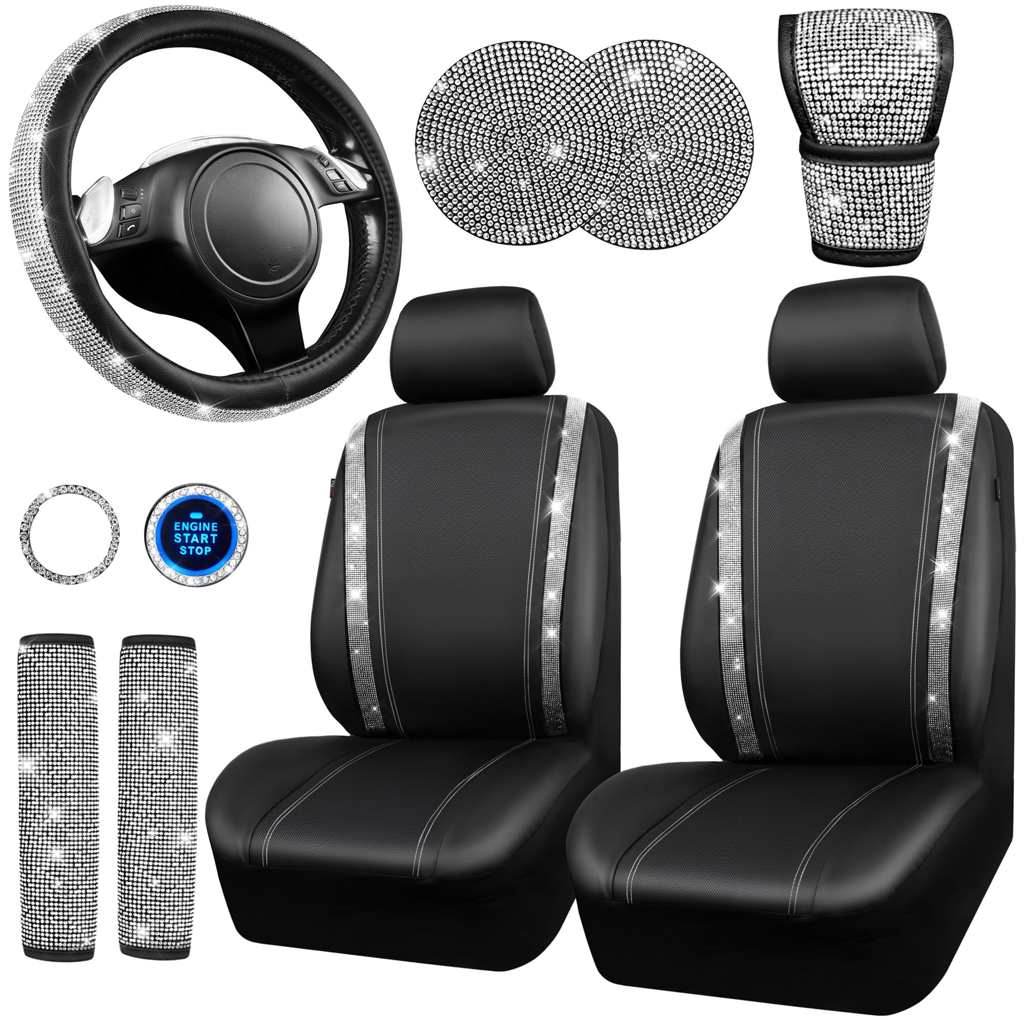 Bling Diamond Leather Car Seat Covers Set (11-Piece) - Sparkly Rhinestone Steering Wheel Cover & Glitter Car Interior Accessories for Women - Luxury Car Decor for Sedan, SUV, Coupe - Perfect Gift for Her & Car Enthusiasts