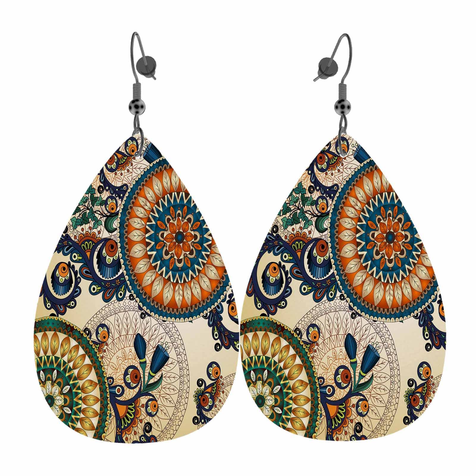 Stylish Blue Mandala Flower Teardrop Leather Earrings for Women - Lightweight Double-Sided Dangle Leaf Design - Perfect for Boho Fashion, Festivals & Everyday Wear