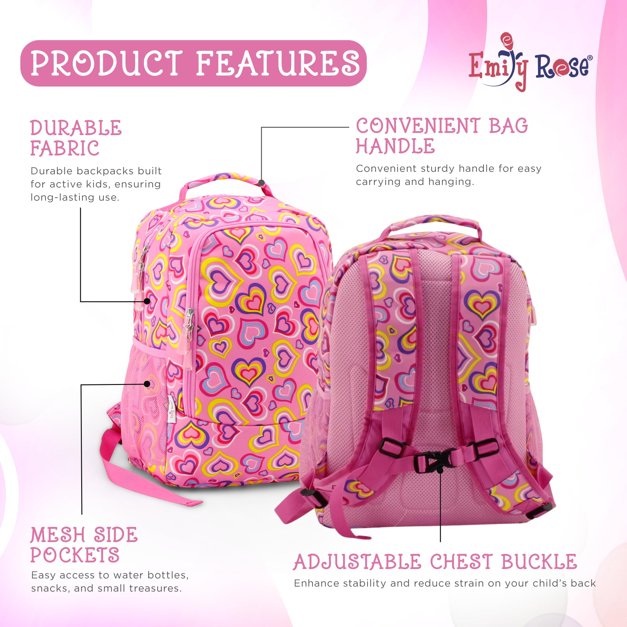 Emily Rose Kids Backpack 16 Inch - School Bookbag for Elementary & Kindergarten Girls with Notebook & Pencils - Cute Playful Hearts Design - Perfect for School, Travel, Daycare & Outdoor Adventures
