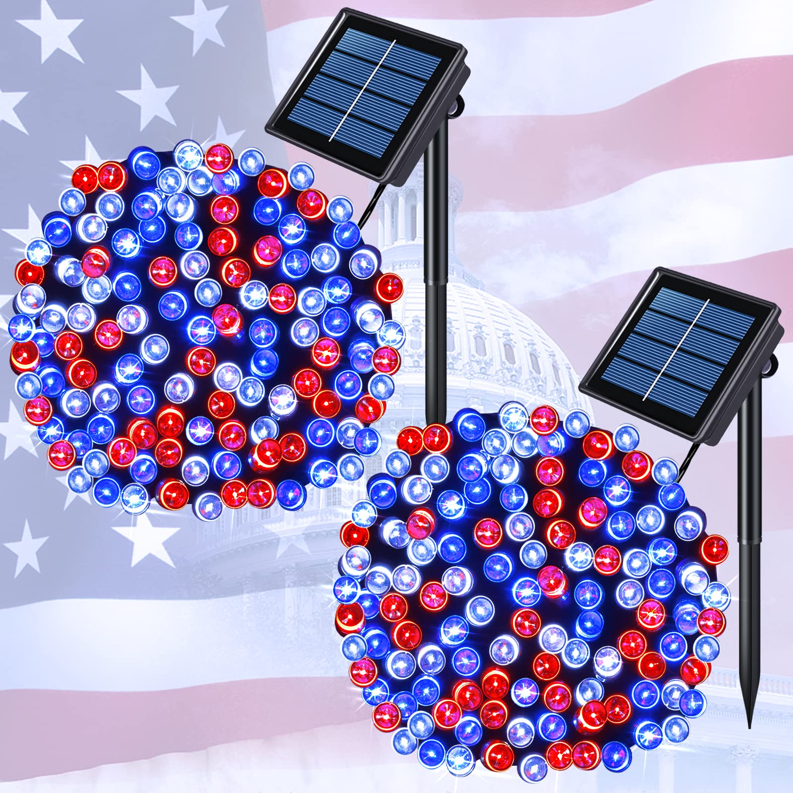 JMEXSUSS 2 Pack 100 LED Red White Blue Solar String Lights - 33ft Waterproof Patriotic Lights with 8 Modes for 4th of July, Independence Day, Garden, Tree, Yard, Patio - Perfect for Outdoor Decorations & Party Lighting