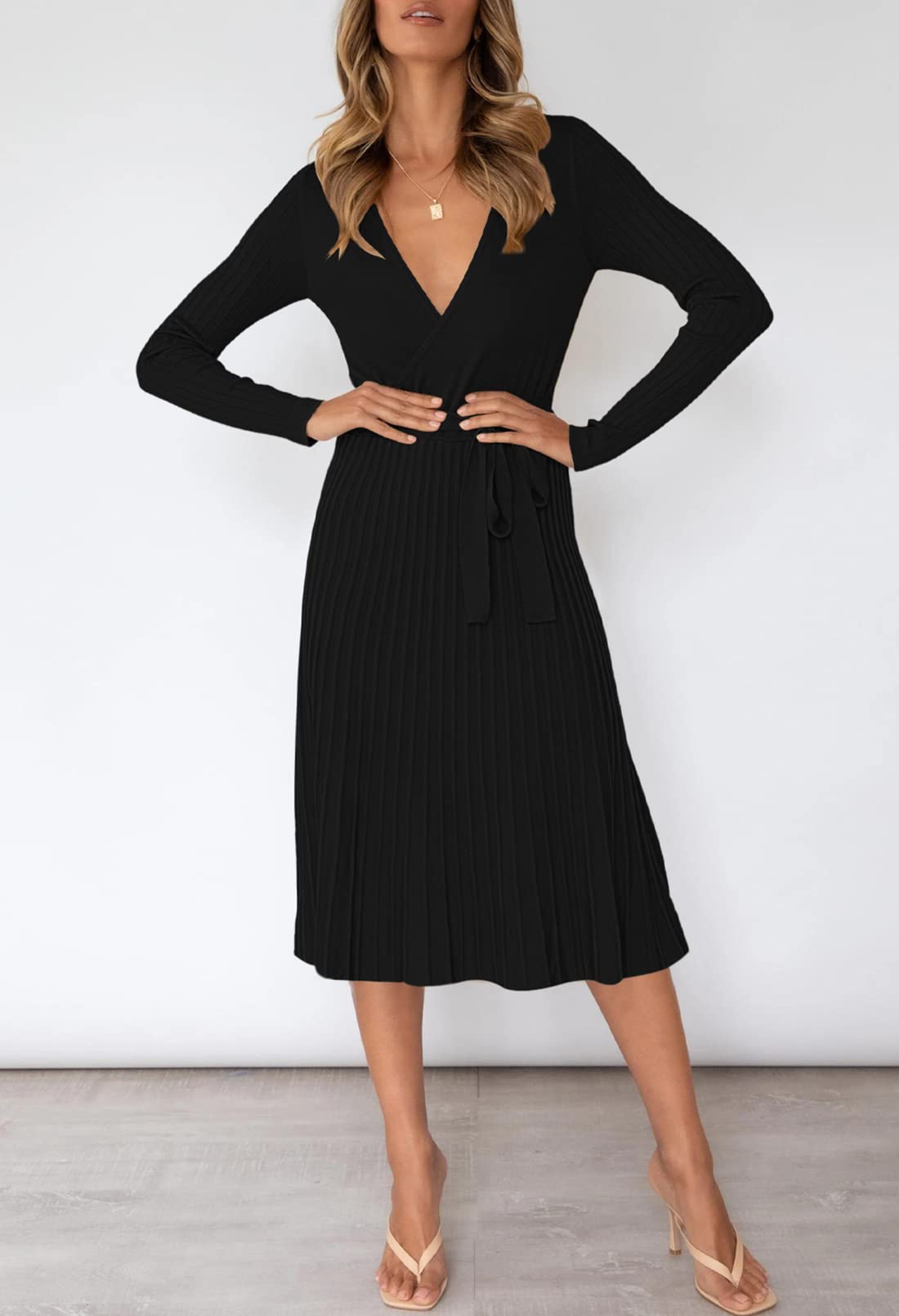Pink Ribbed Knit Wrap Sweater Dress for Women - V Neck Long Sleeve Midi Dress with Belt | Casual Office Wear, Fall Winter Outfits, Date Night Dresses