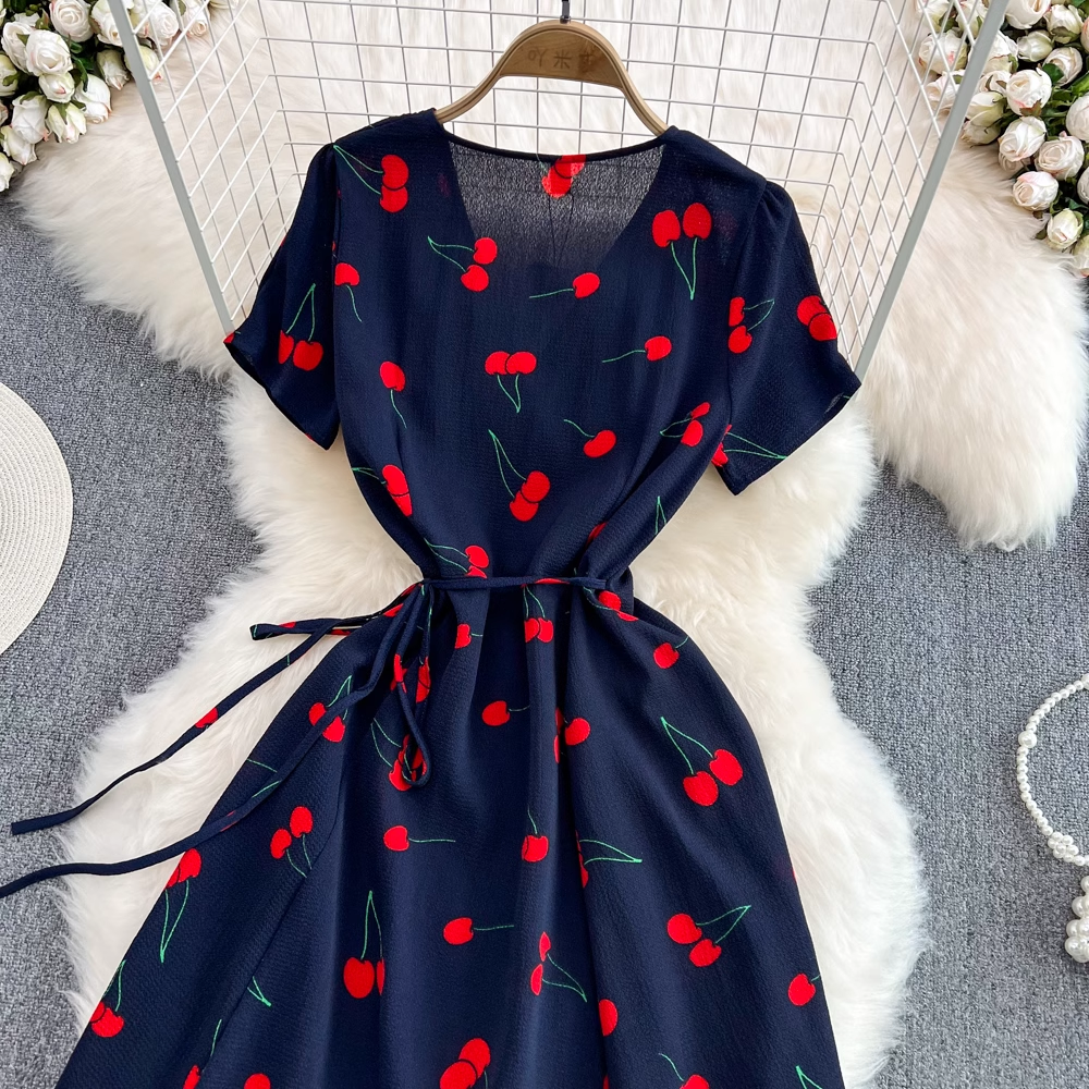 Cherry Print V-Neck Short Sleeve Summer Dress - Flattering A-Line Cut for Women | Perfect for Beach Vacations, Garden Parties & Casual Outings